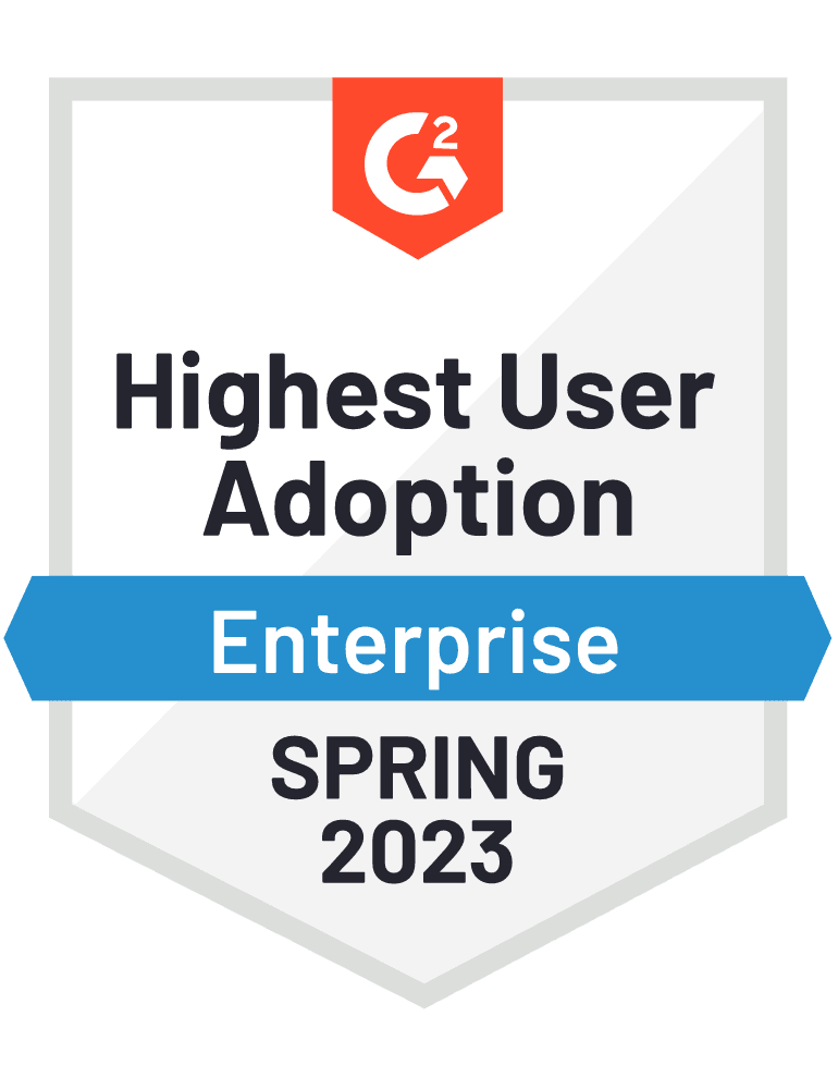 G2 badge — Highest User Adoption, Enterprise, Spring 2023