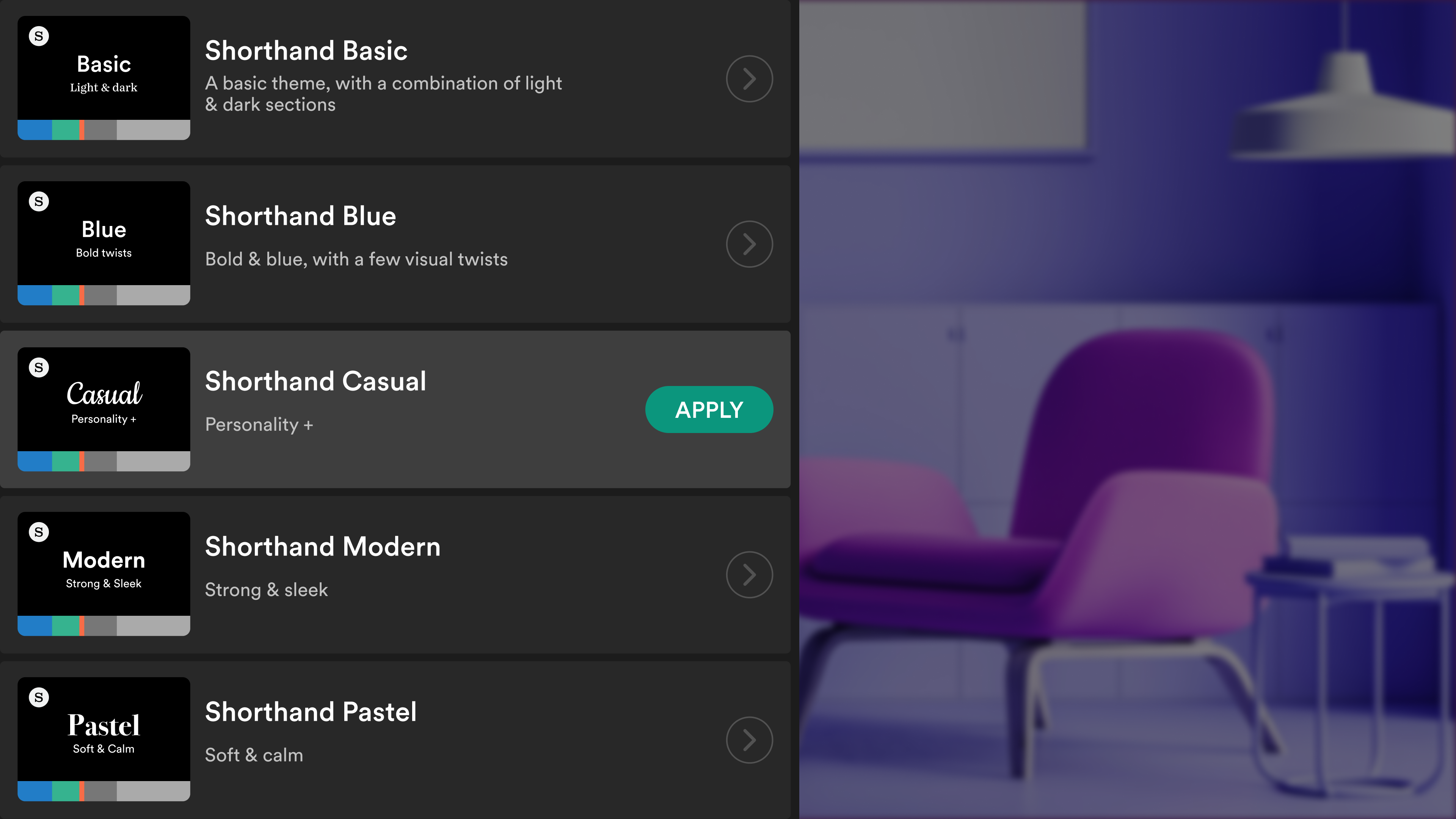 Theme selection interface showing a variety of pre-designed themes to choose from.