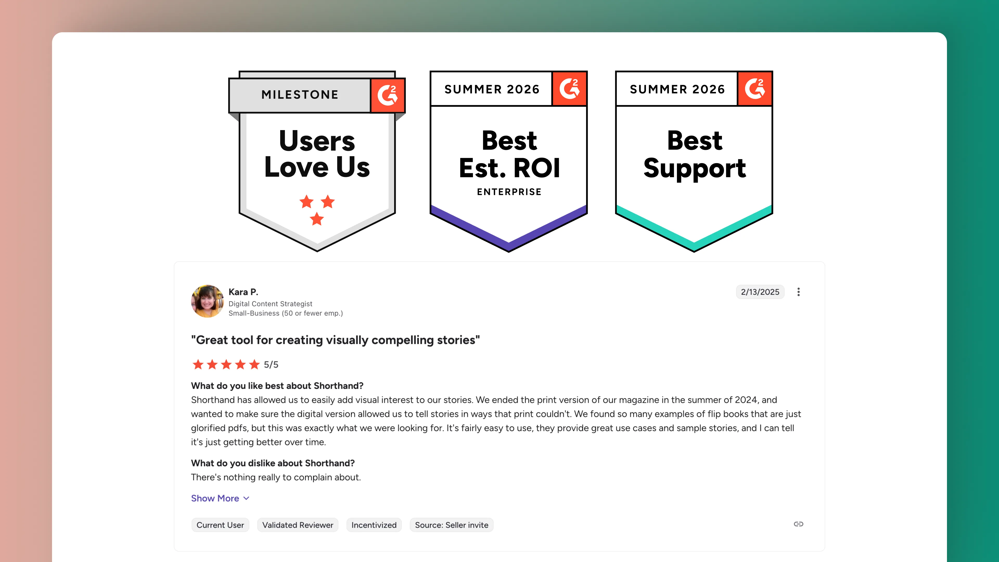 A screenshot of G2 reviews for Shorthand