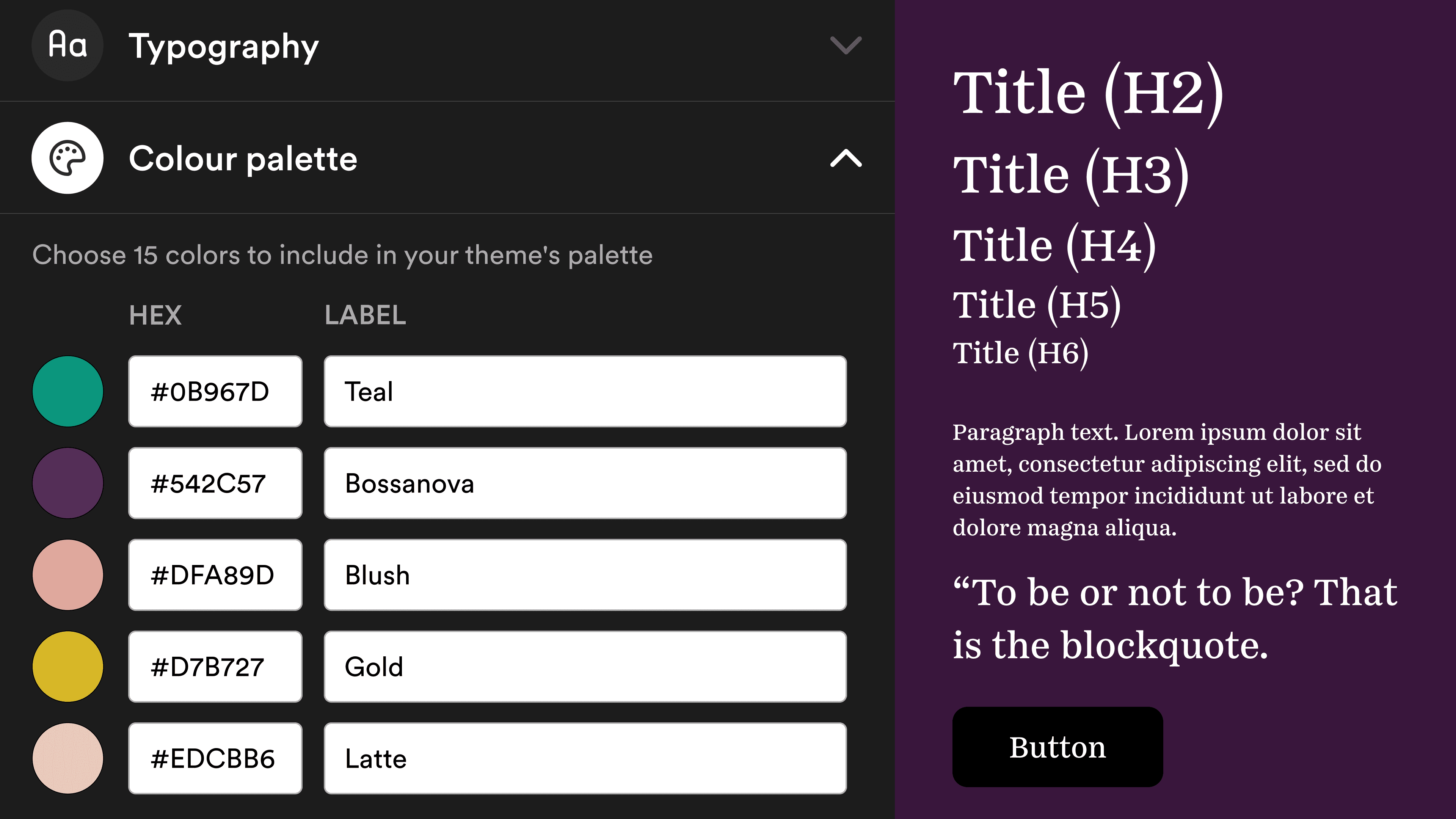 Theme Builder interface showing options for customising typography and colour palettes