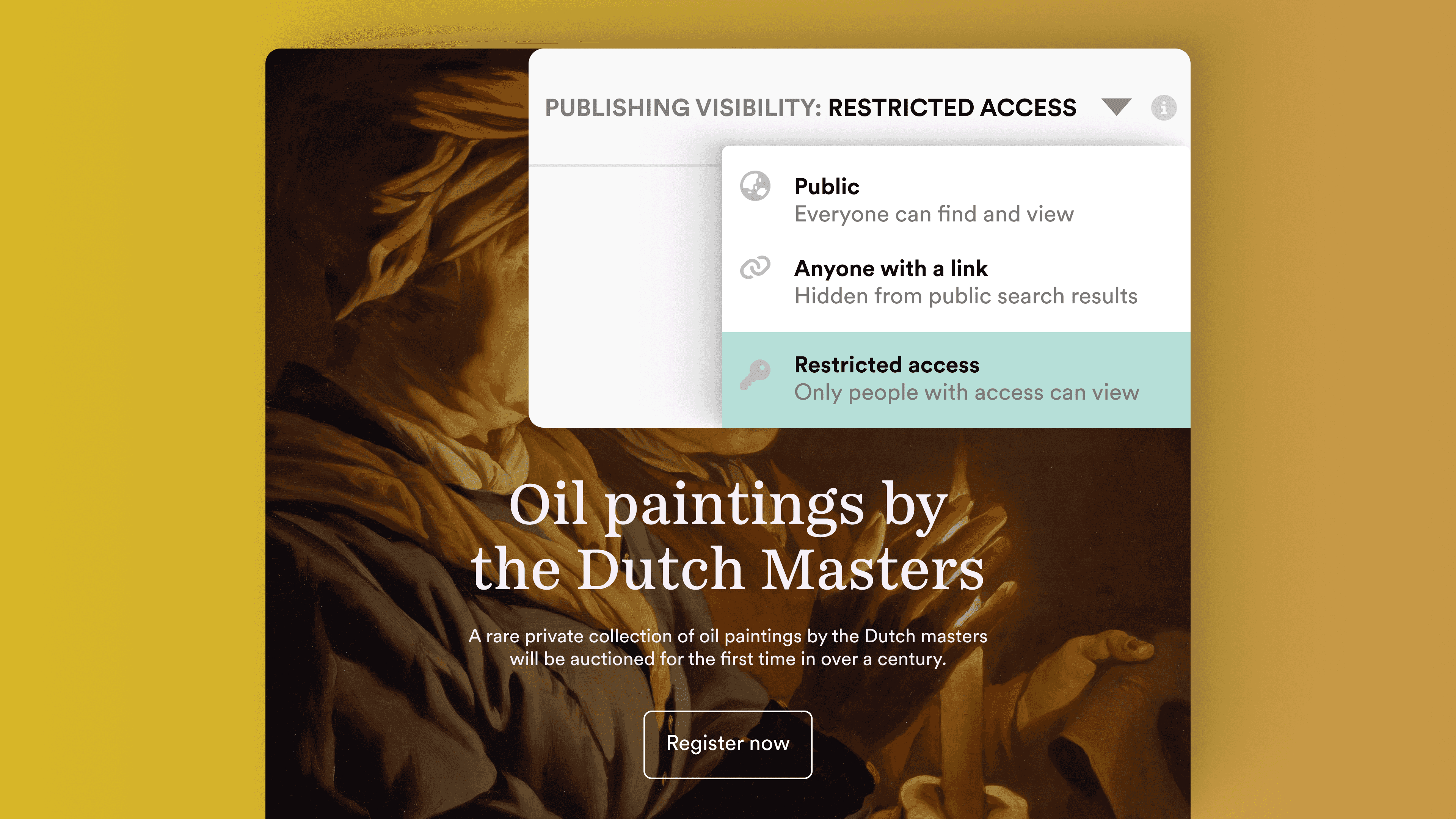 A menu showing public, link-only and restricted publishing visibility