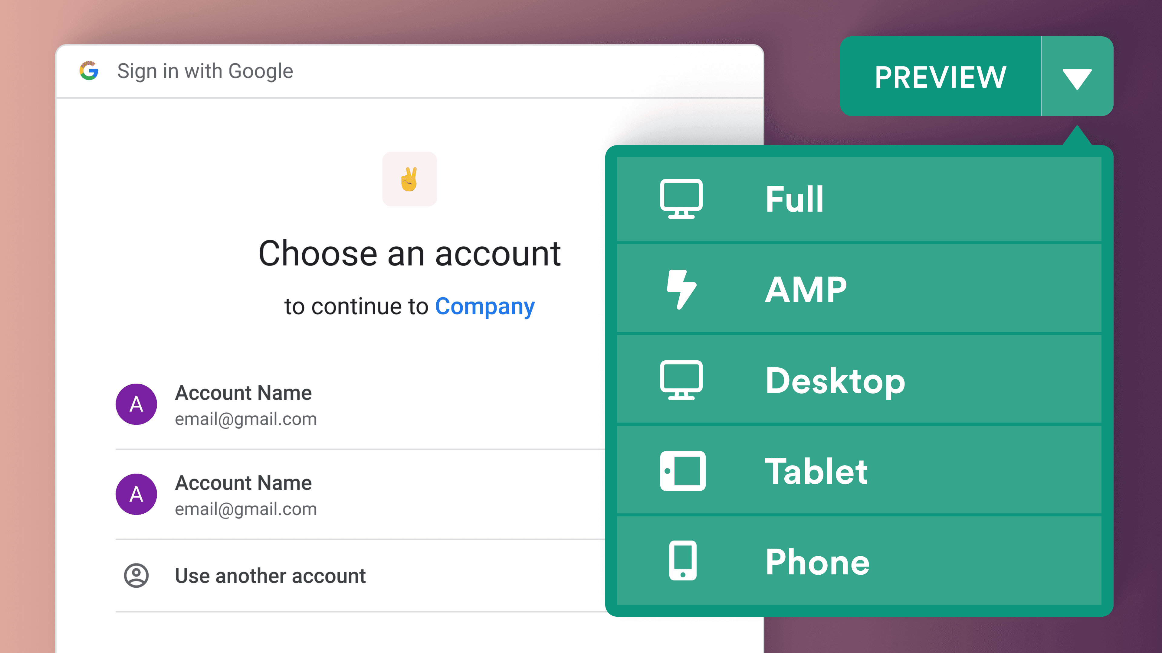 A menu showing preview options for full, AMP, desktop, tablet and phone