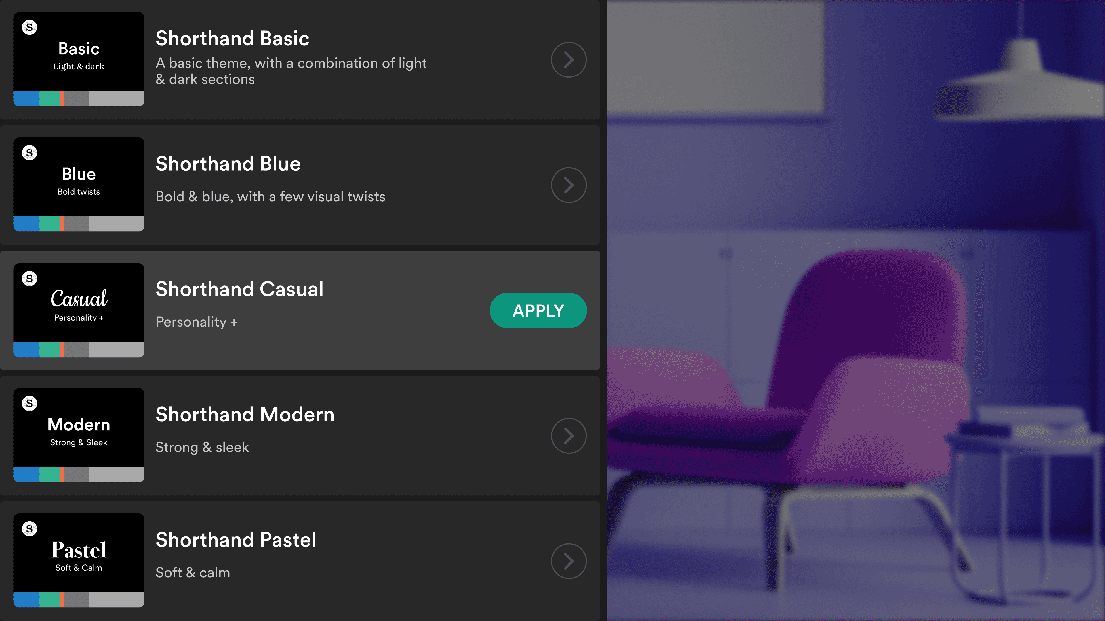 Theme selection interface showing pre-designed themes