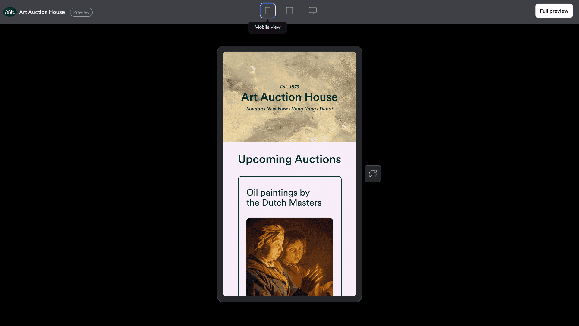 Editor screenshot showing the story preview with mobile view selected
