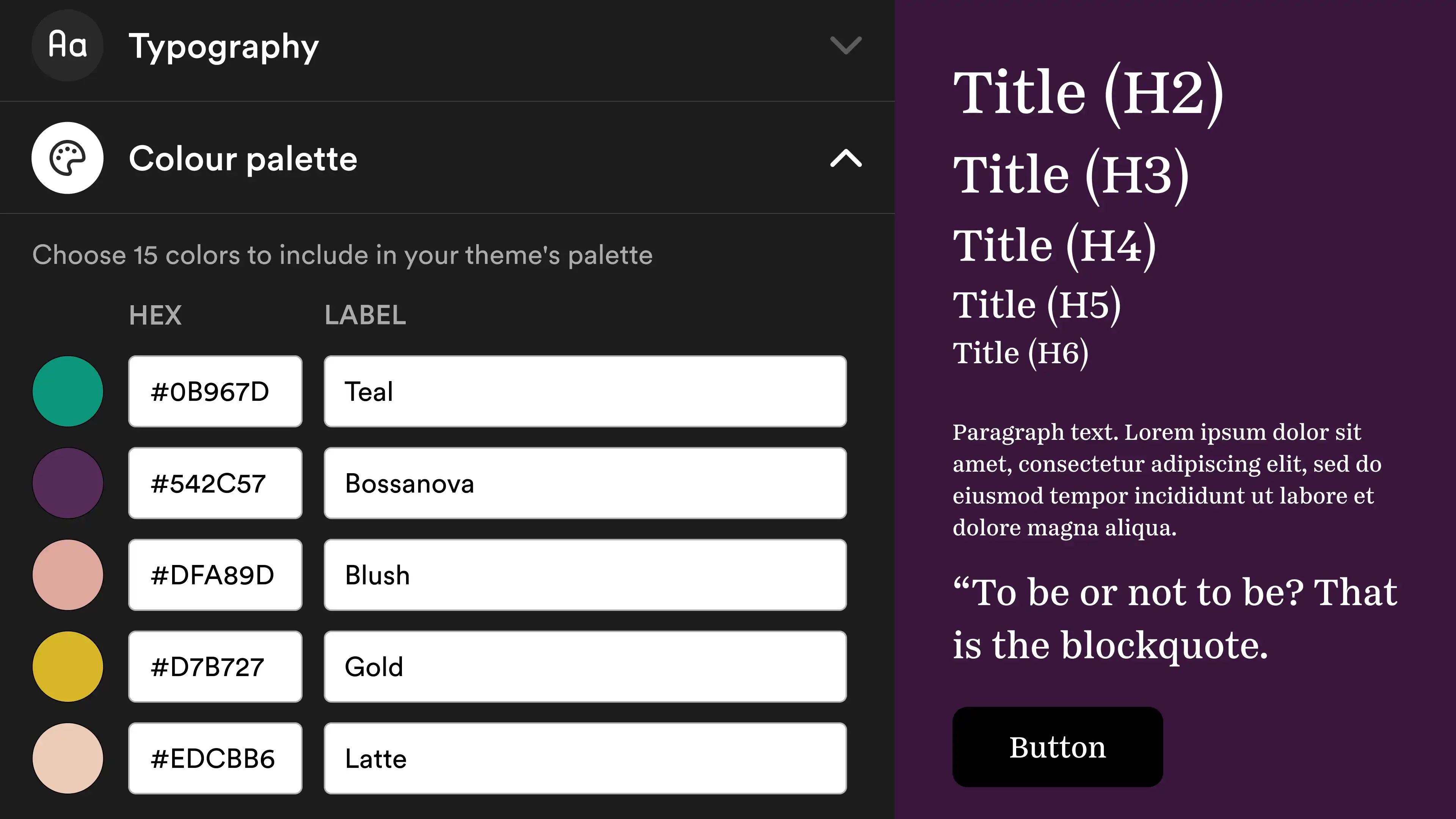 A palette showing Shorthand custom theme styles