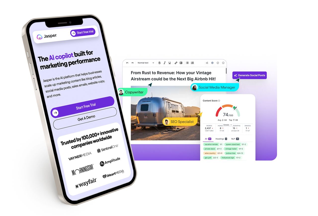 A phone screen showing Jasper's homepage, beside a rectangular highlight of an article produced with Jasper