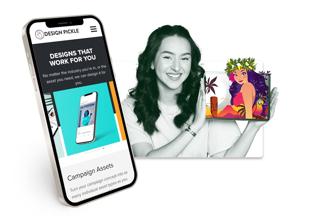 A phone screen showing Design Pickle's homepage, next to a photo of a smiling woman holding a colourful design