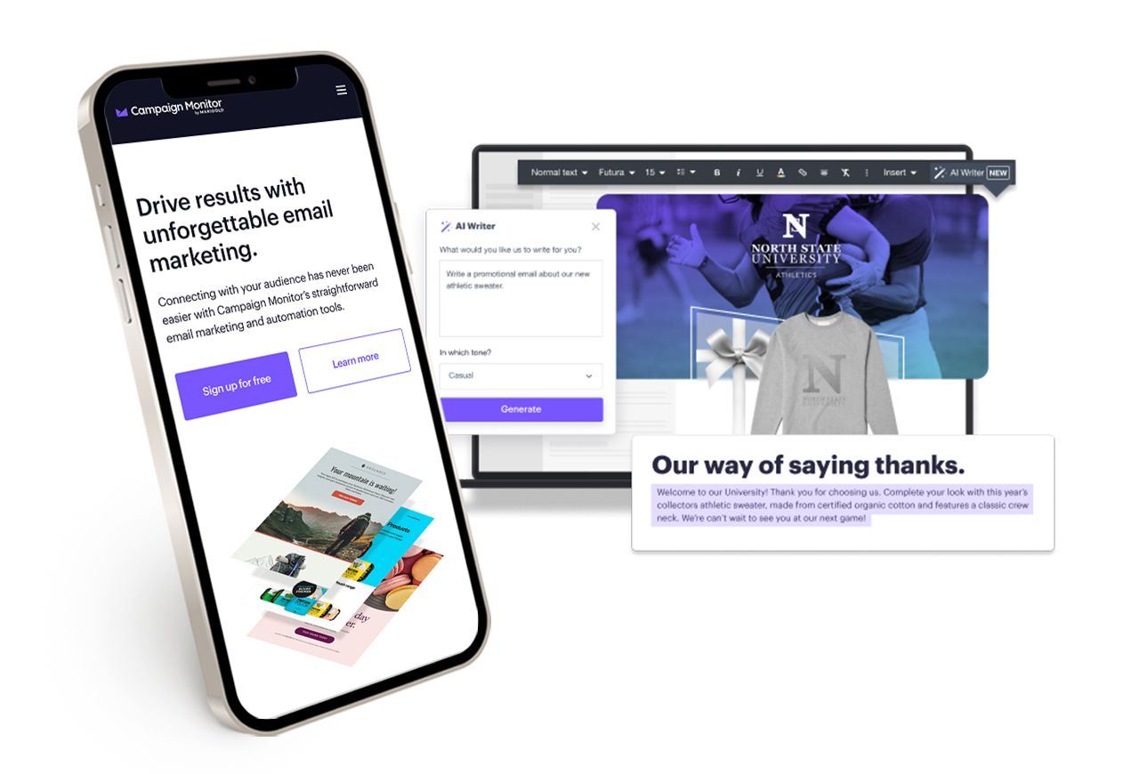 A phone showing Campaign Monitor's white and purple homepage, next to a collection of highlights from inside a campaign 