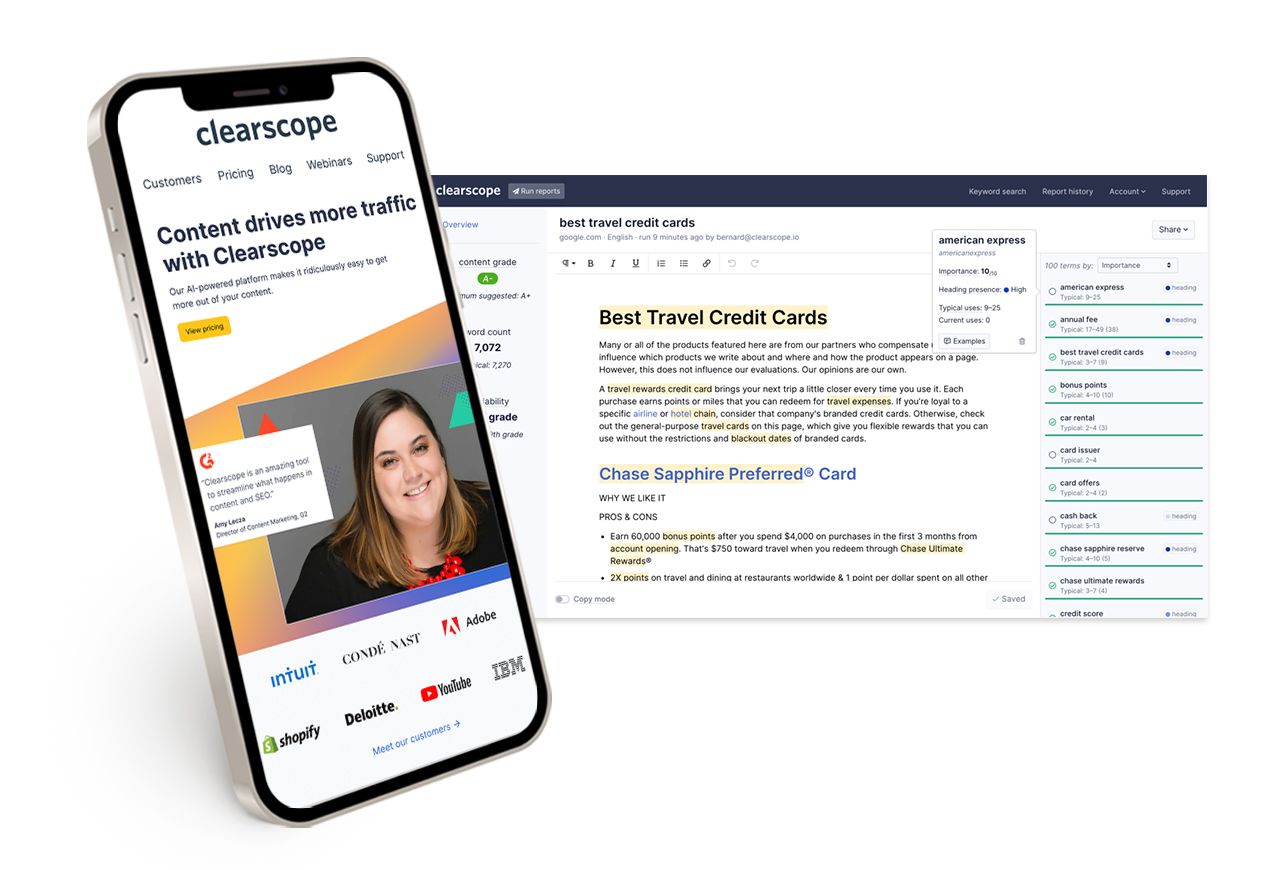 A phone screen showing Clearscope's homepage, next to a screencap showing an article highlighted for keyword ranking