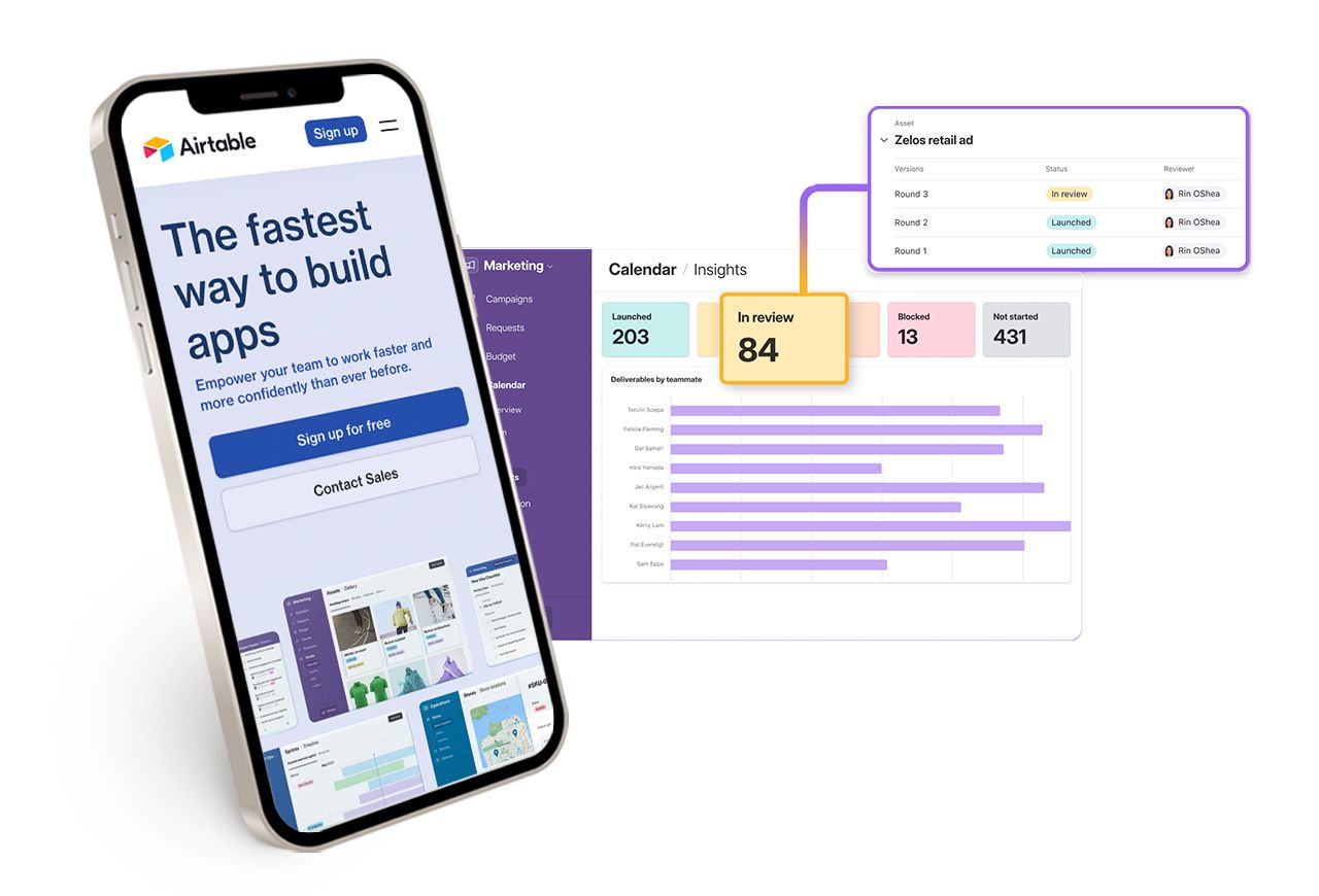 Phone screen displaying the Airtable homepage, beside a highlight showing a purple and yellow calendar 