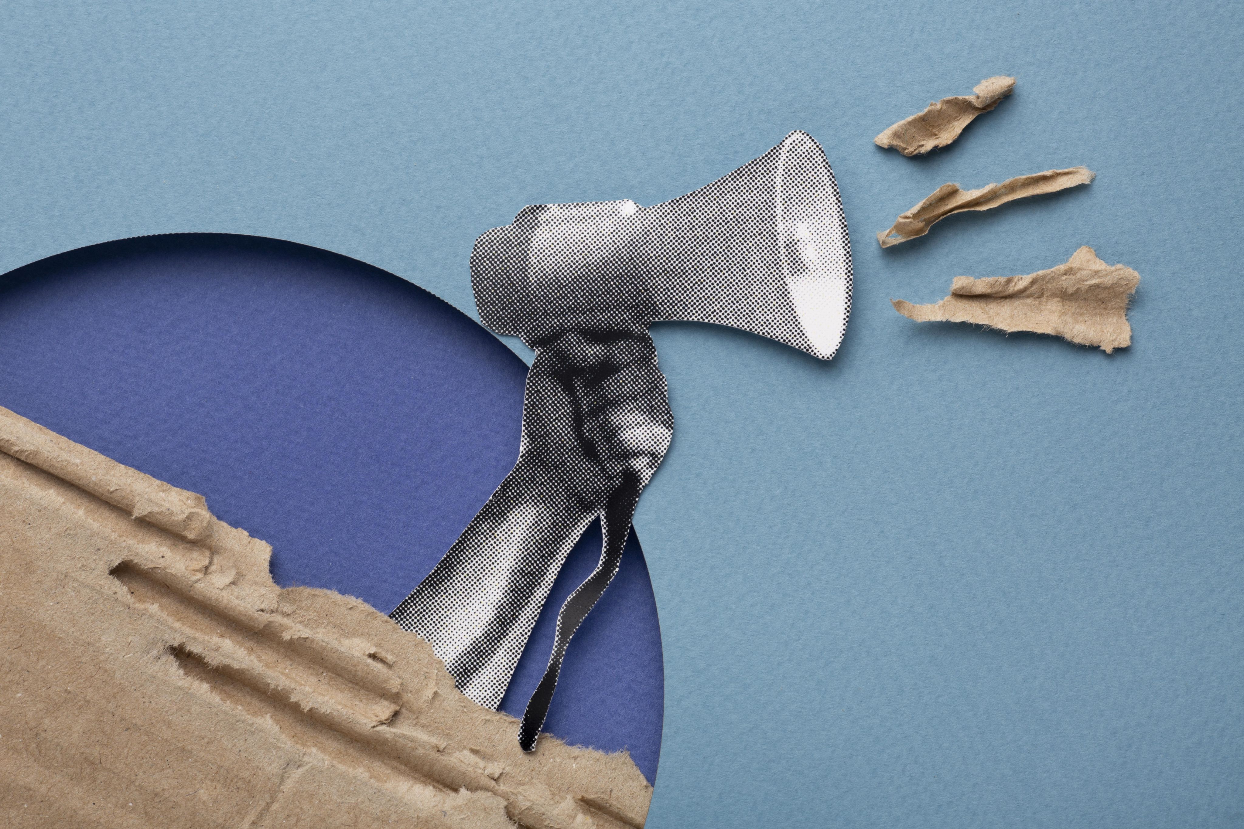 A digital collage showing a black-and-white hand holding a megaphone.