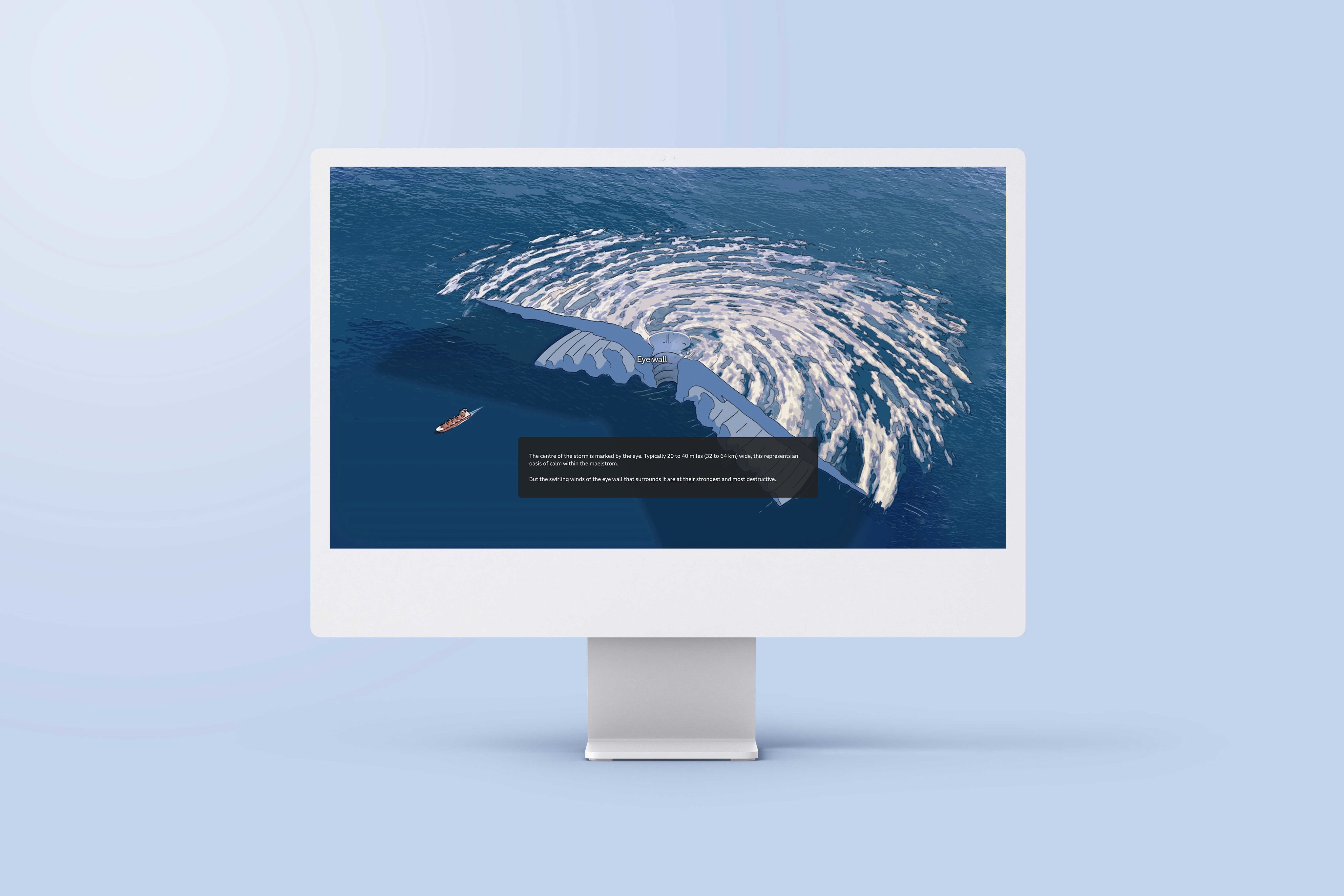 An image of a computer screen sitting on a desk. The screen is showing an example of an interactive map in the article 'Hurricanes: Inside the deadly storms.