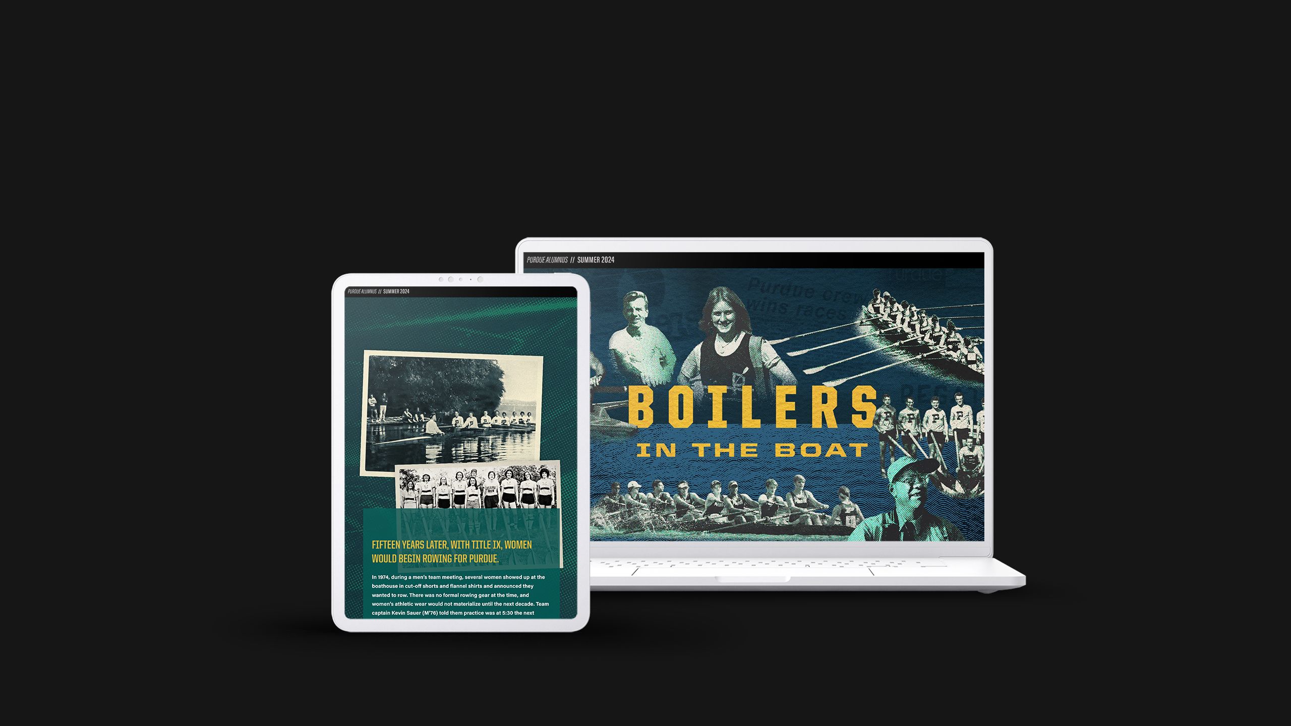 A desktop computer and a smartphone show a website of people rowing named Boilers in the Boat