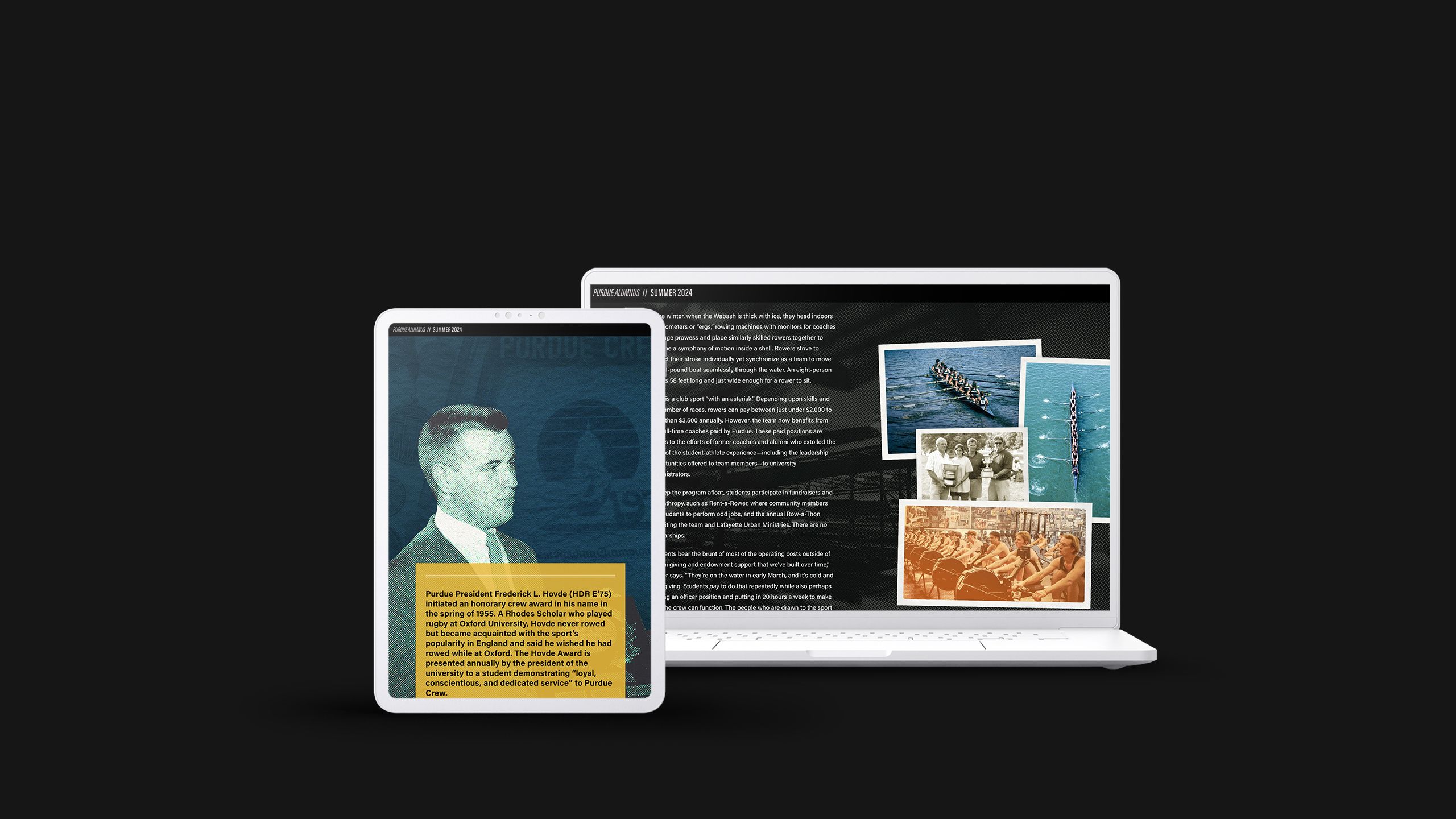 A desktop computer and a smartphone show a website of people rowing called Boilers in the Boat