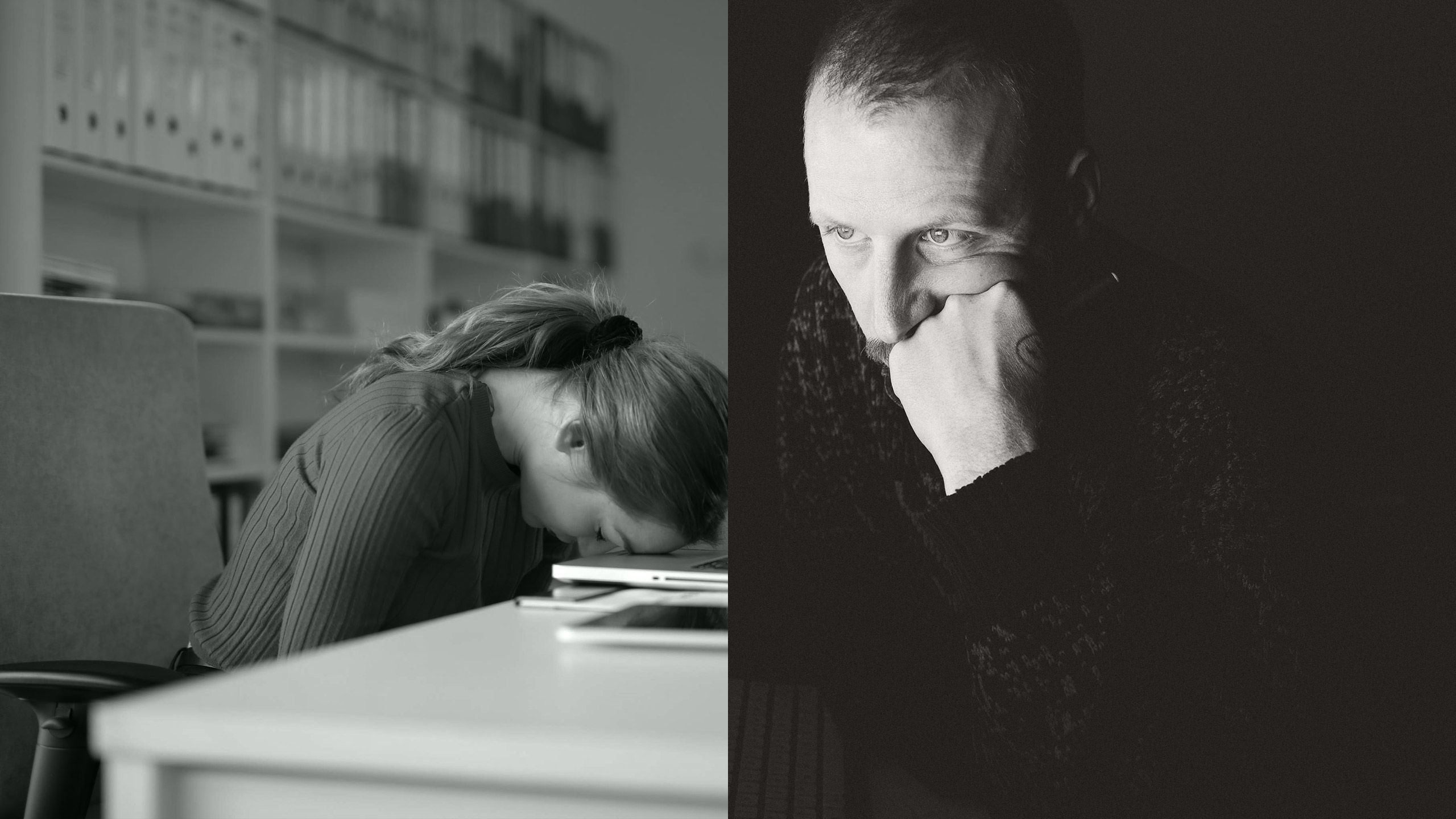 Woman asleep at desk and man looking pensive