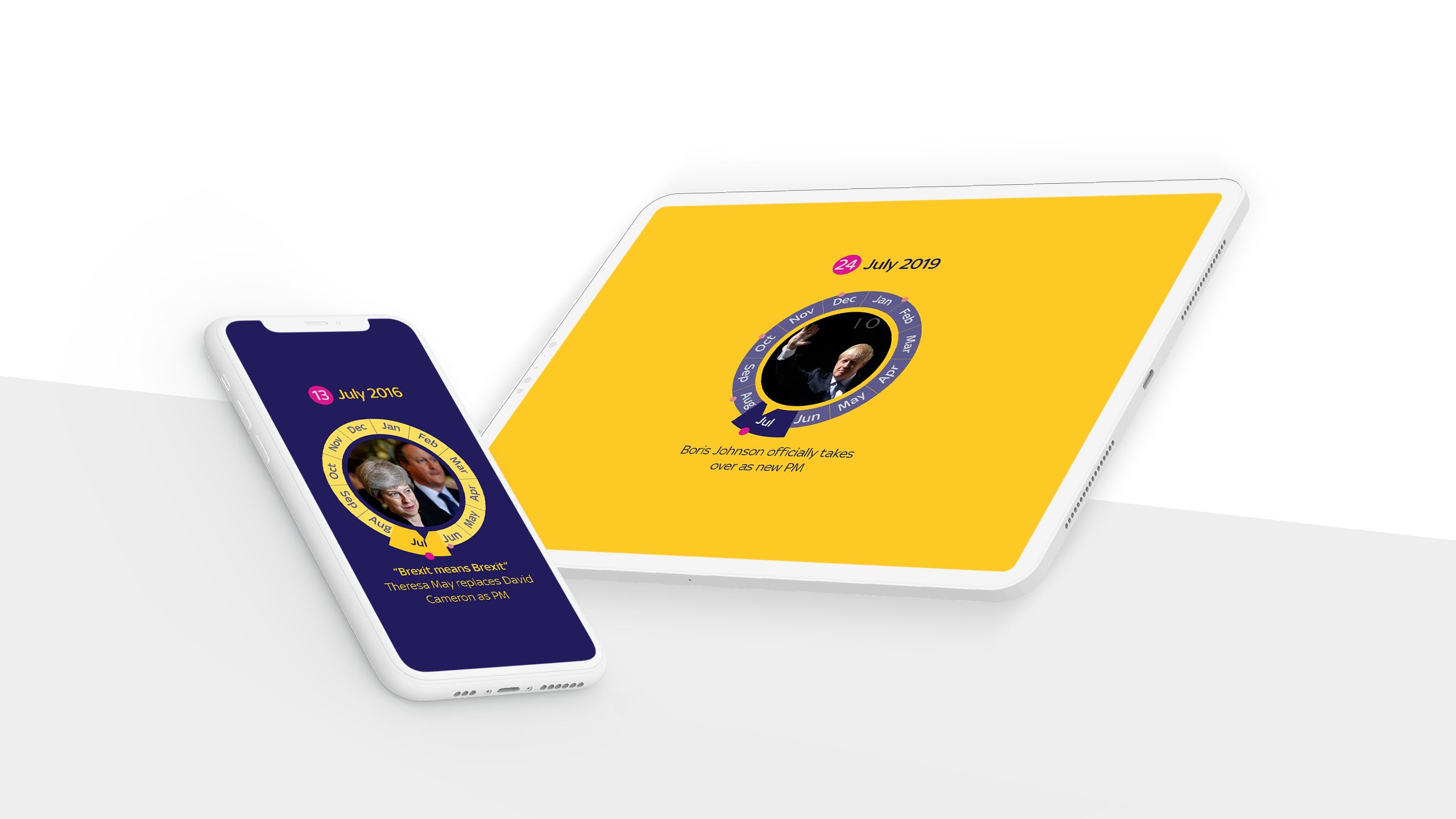 Tablet and phone showing screenshots from Brexit story.