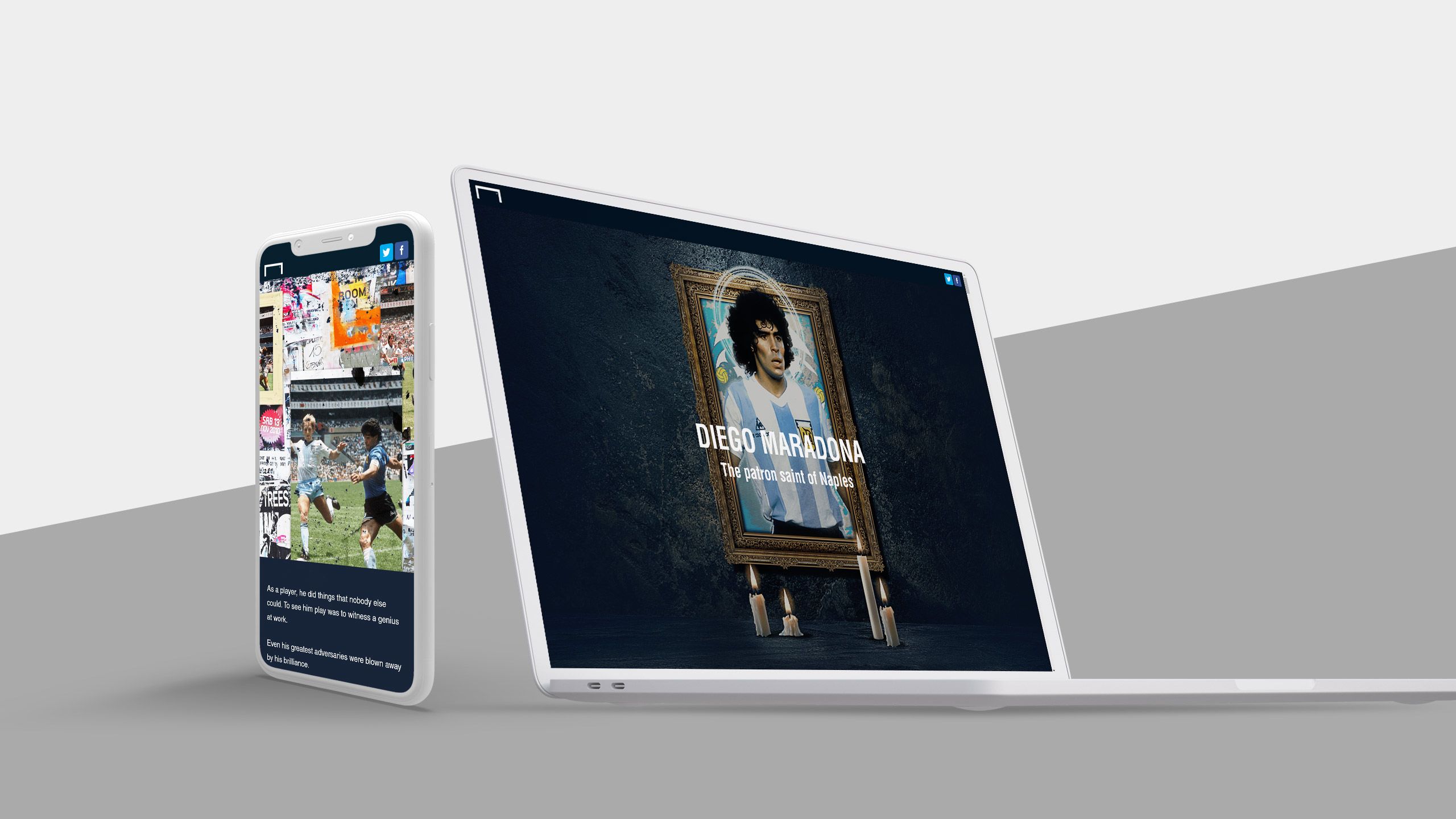 Laptop and phone showing screenshots from Diego Maradona story.