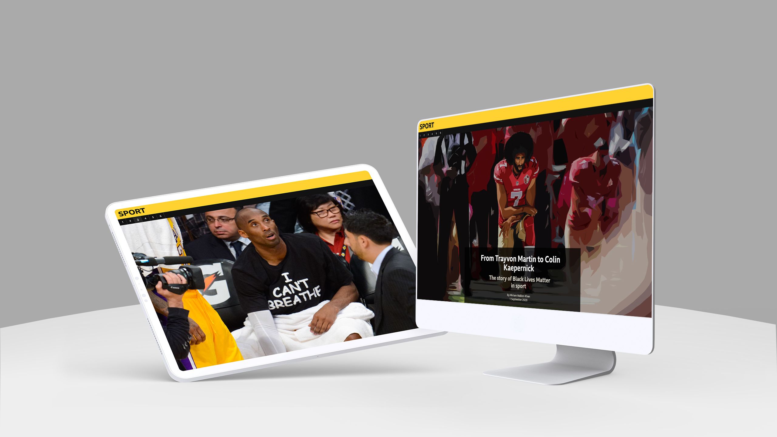 Monitor, tablet, and phone displaying screenshots from the BBC's BLM in sport story.