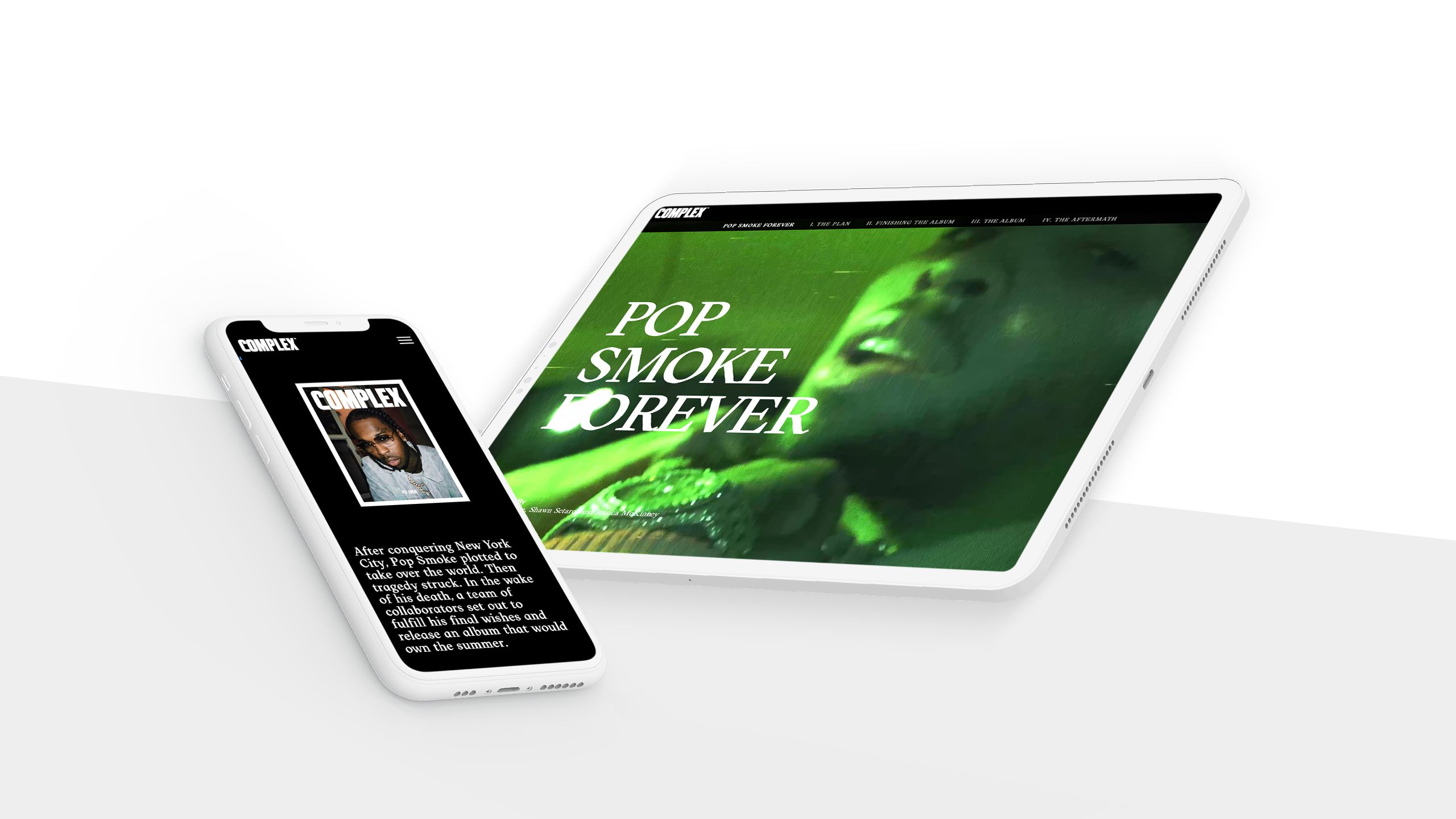 Monitor, tablet, and phone displaying screenshots from Pop Smoke story.