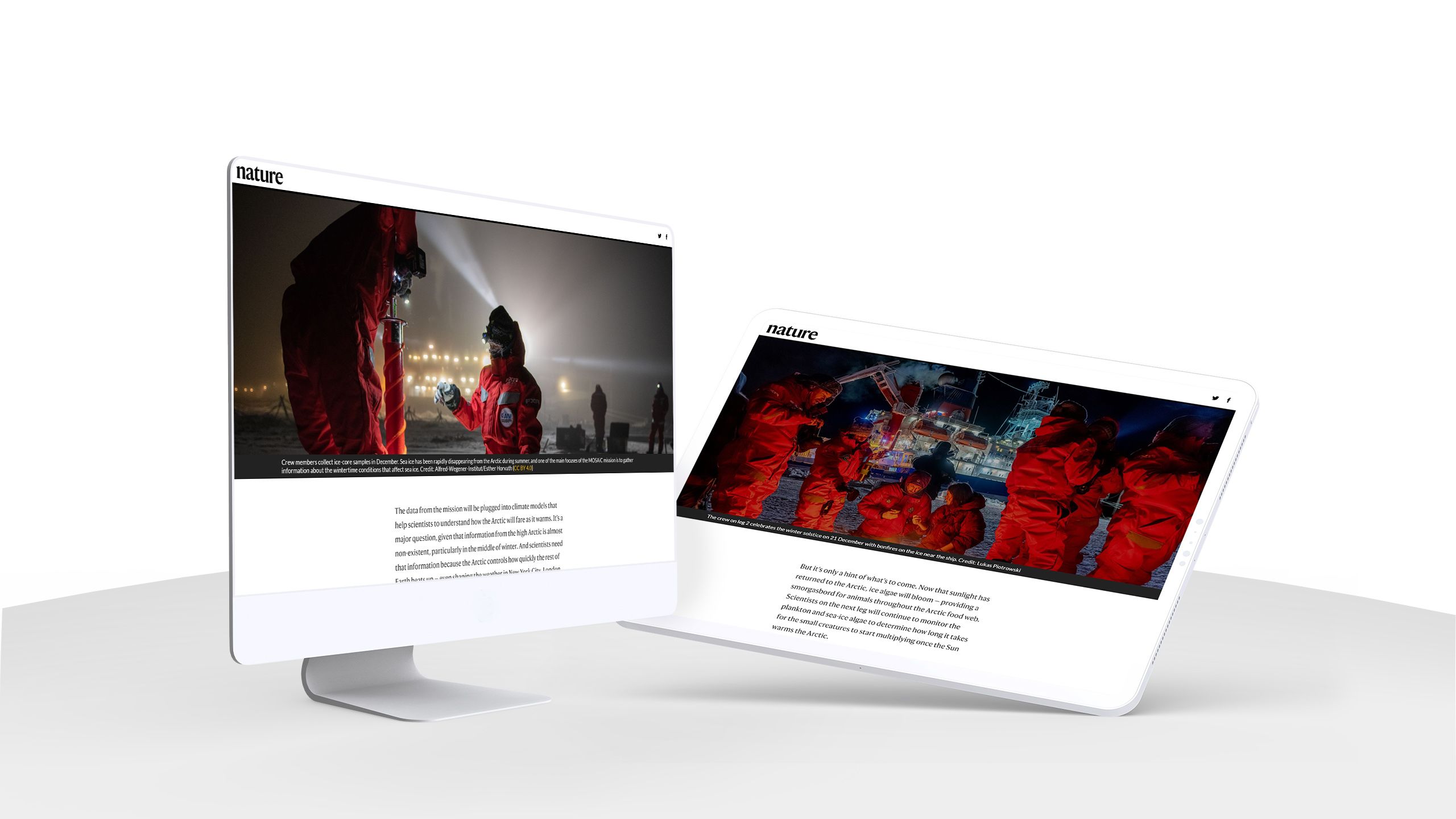 Monitor, tablet, and phone displaying screenshots from scientific expeditions to the arctic.