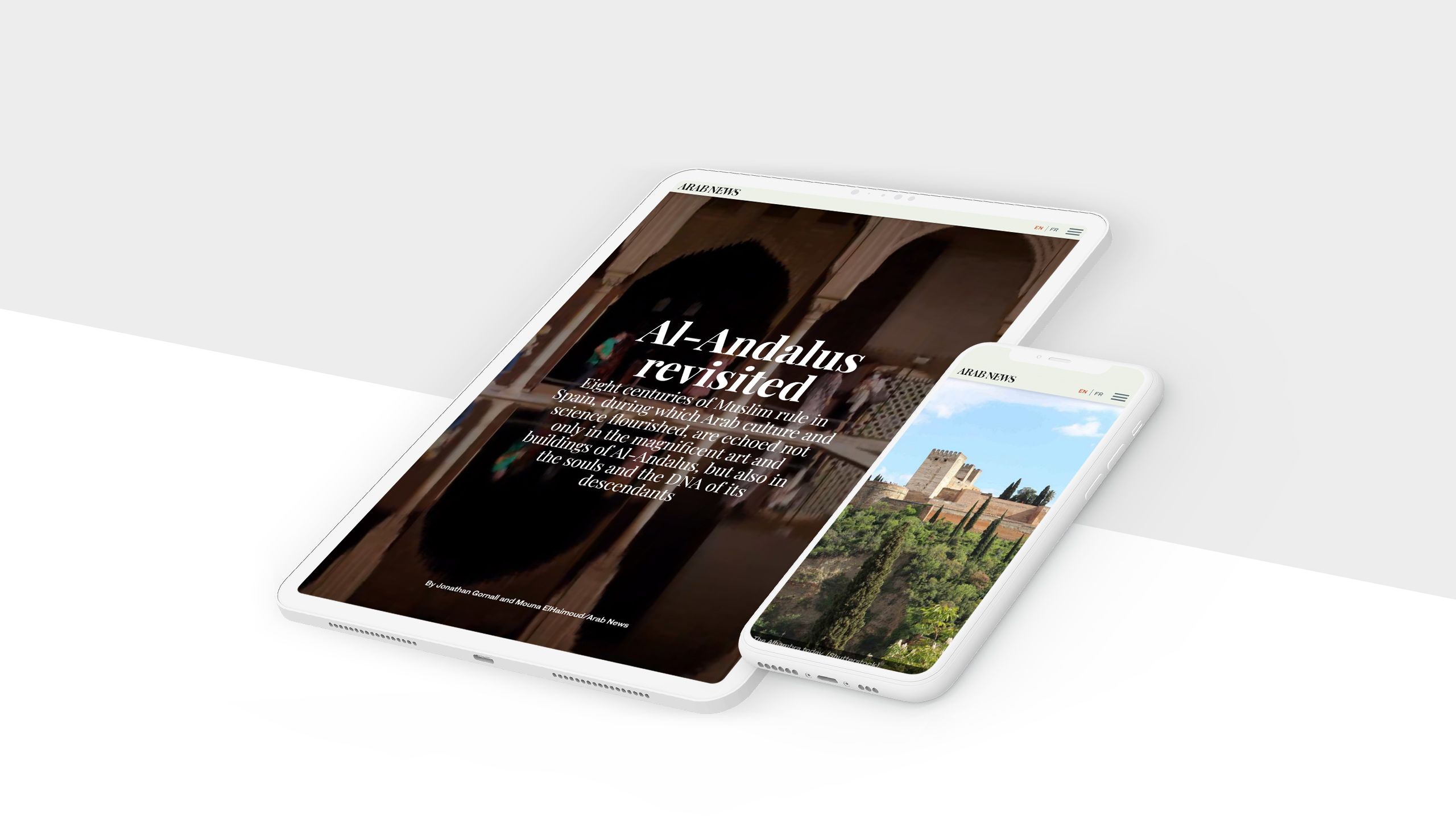 Monitor, tablet, and phone displaying screenshots from Al-Andalus story.