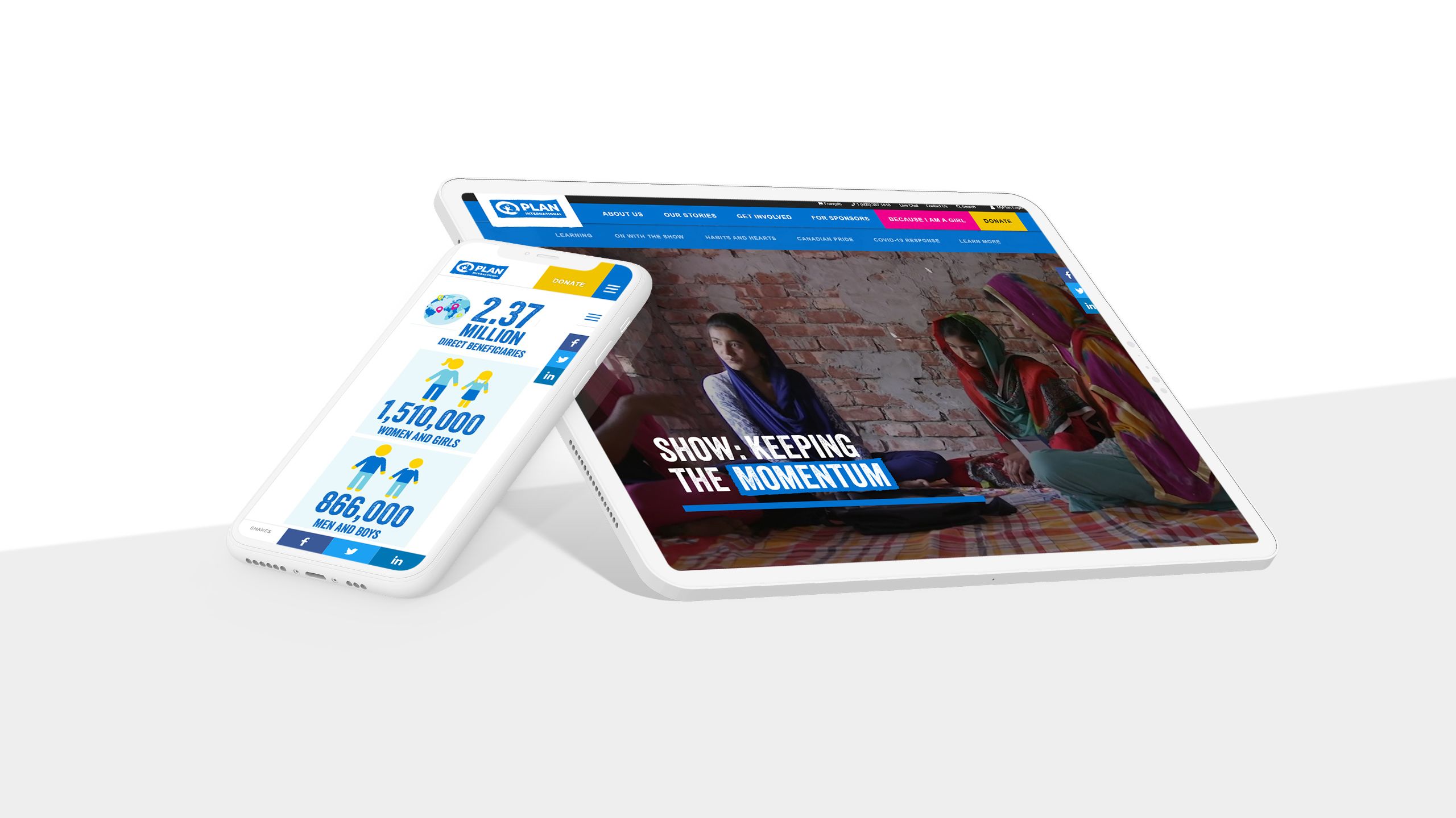 Monitor, tablet, and phone displaying screenshots from Plan International story.