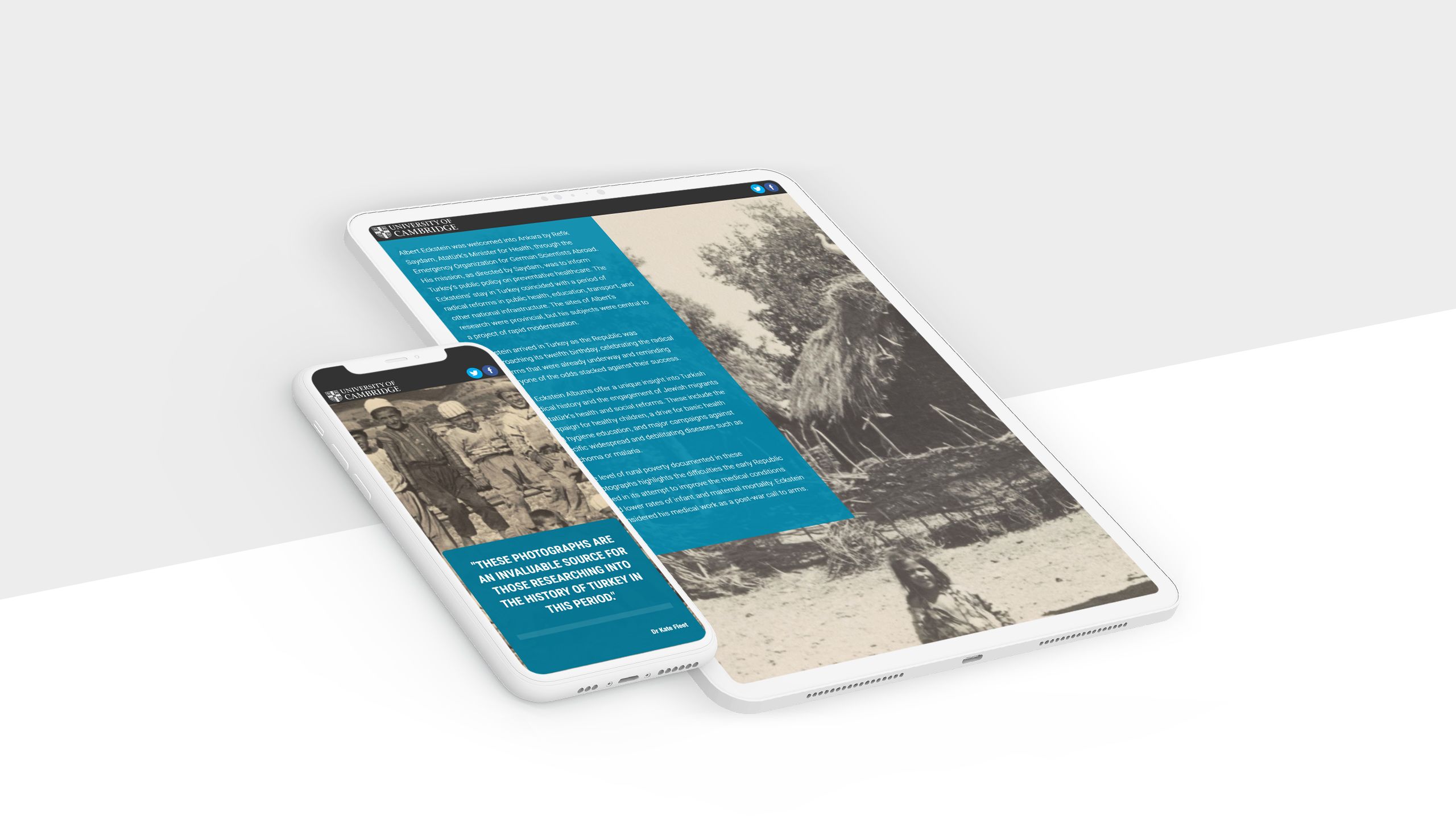 Monitor, tablet, and phone displaying screenshots from Cambridge University story.