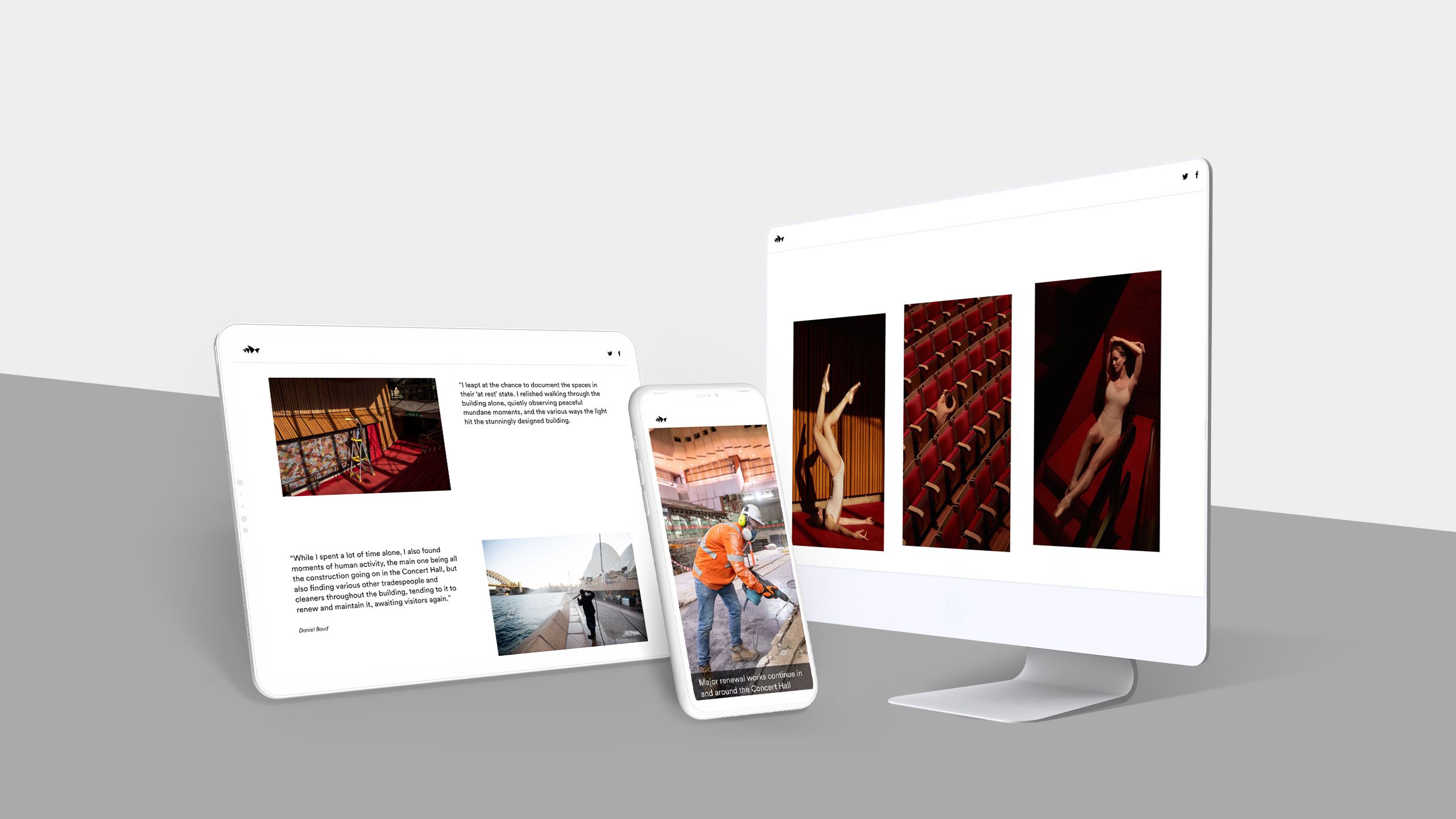Monitor, tablet, and phone displaying screenshots from Sydney Opera House story.