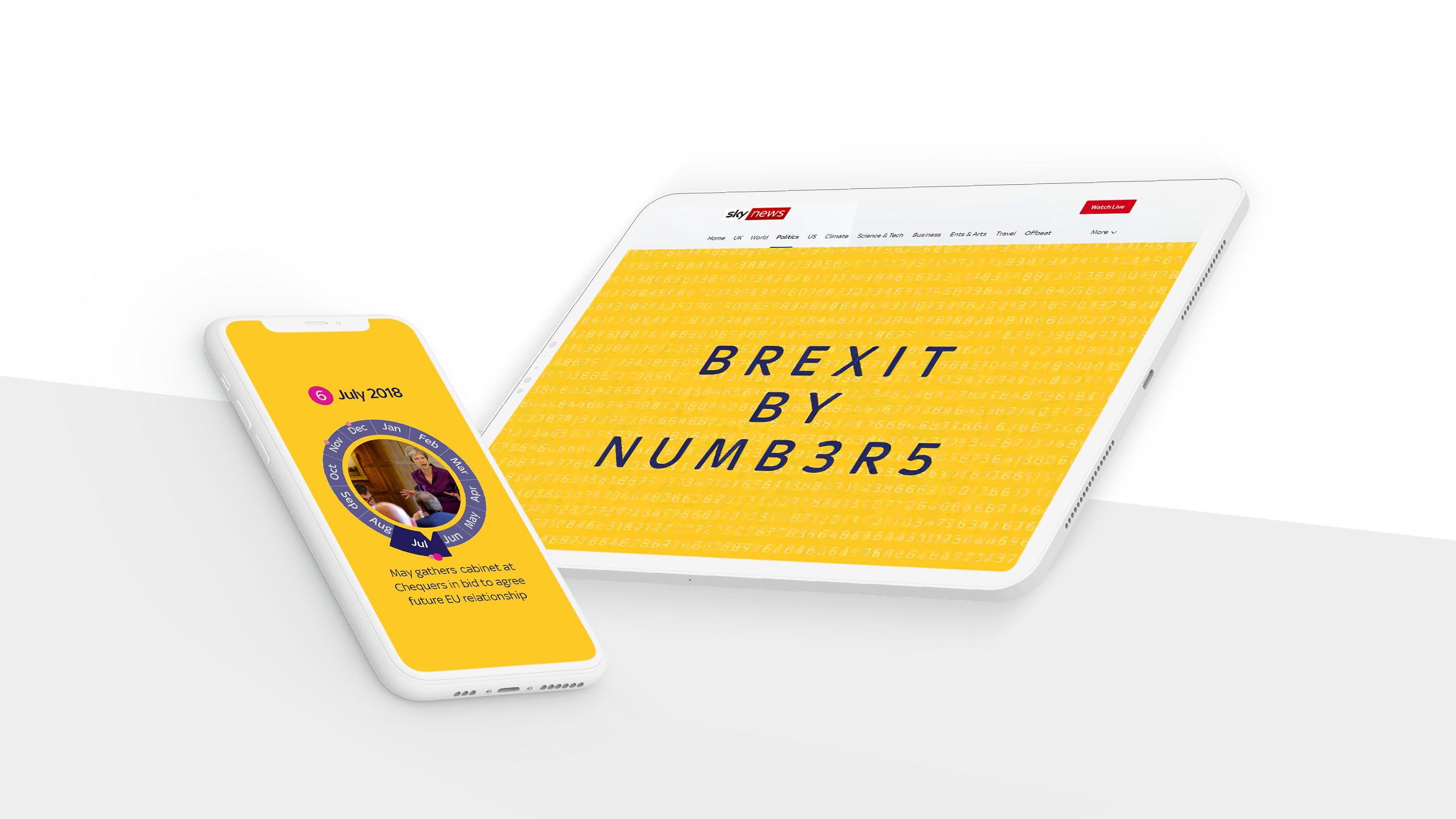 Tablet and phone showing screenshots from Brexit story.