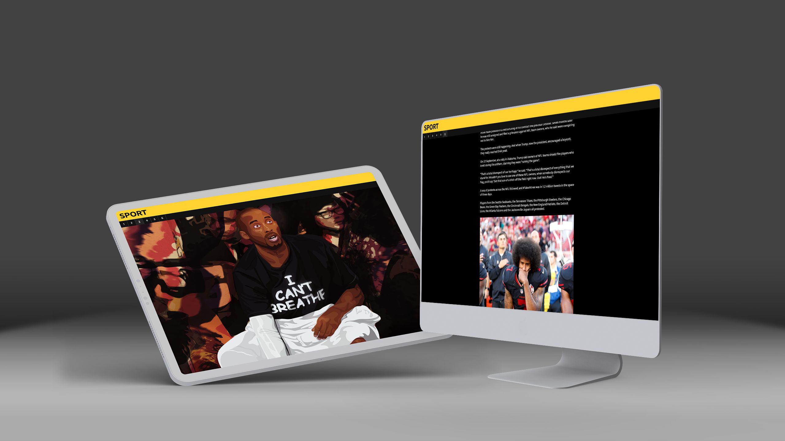 Monitor, tablet, and phone displaying screenshots from the BBC's BLM in sport story.