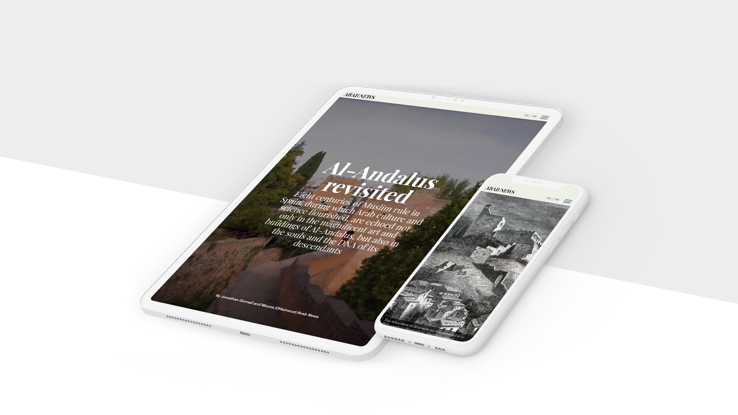 Monitor, tablet, and phone displaying screenshots from Al-Andalus story.