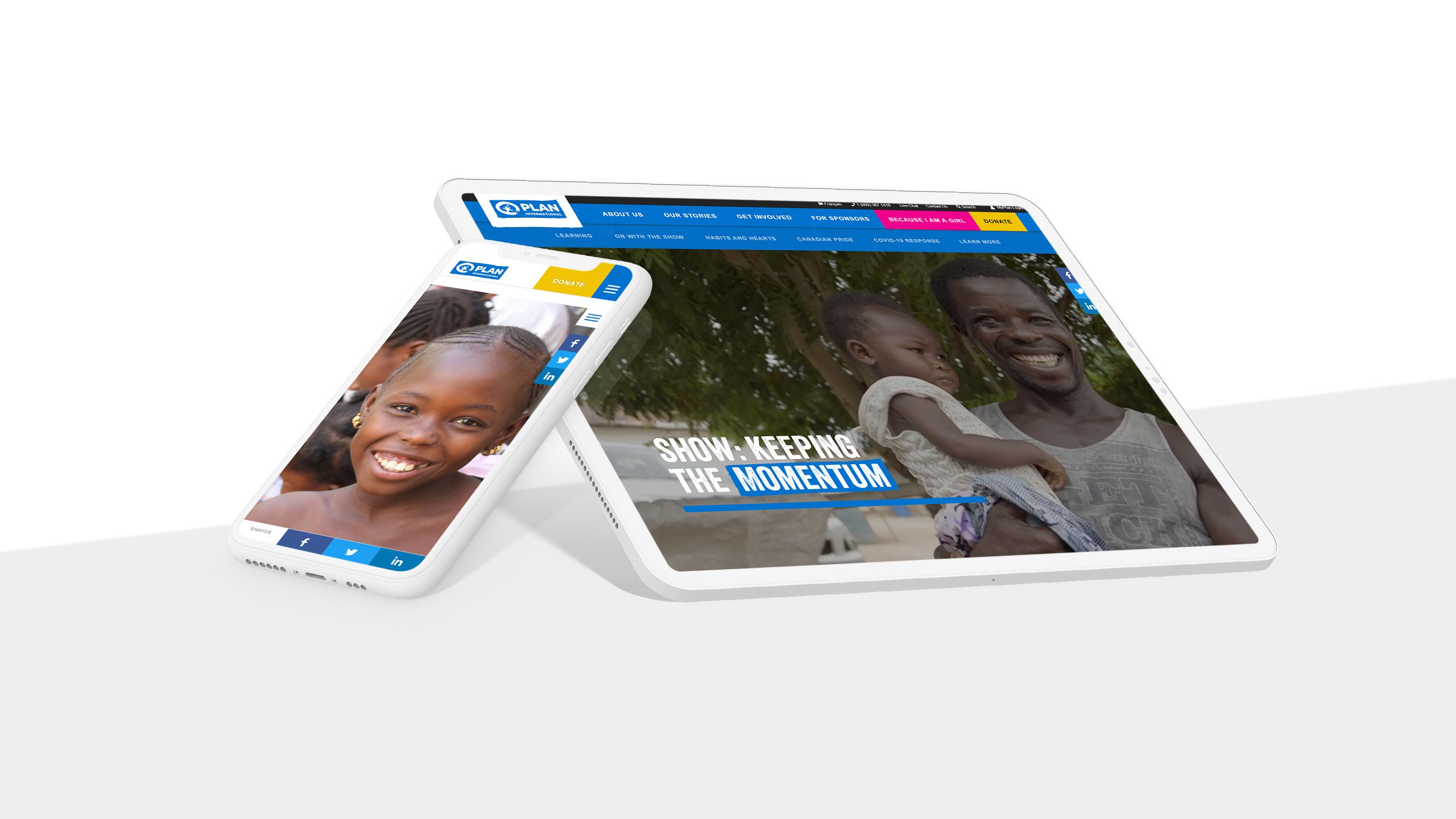 Monitor, tablet, and phone displaying screenshots from Plan International story.