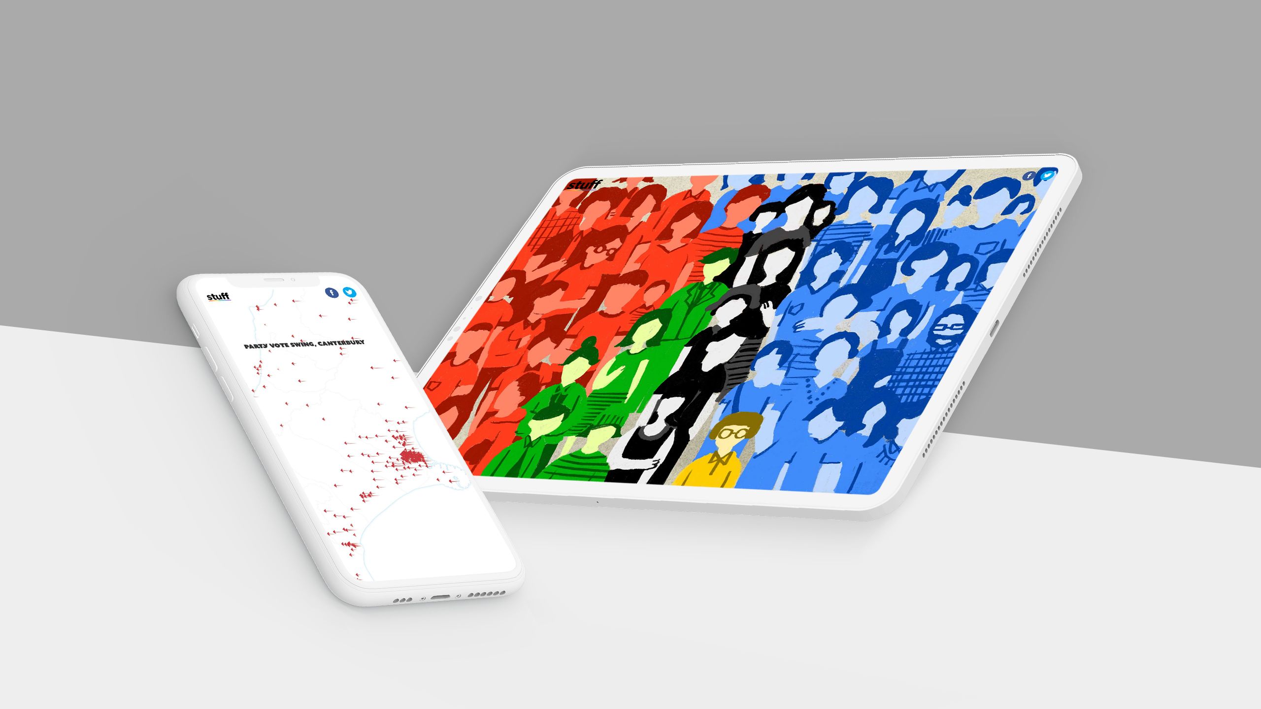 Monitor, tablet, and phone displaying screenshots from Stuff's NZ election story.