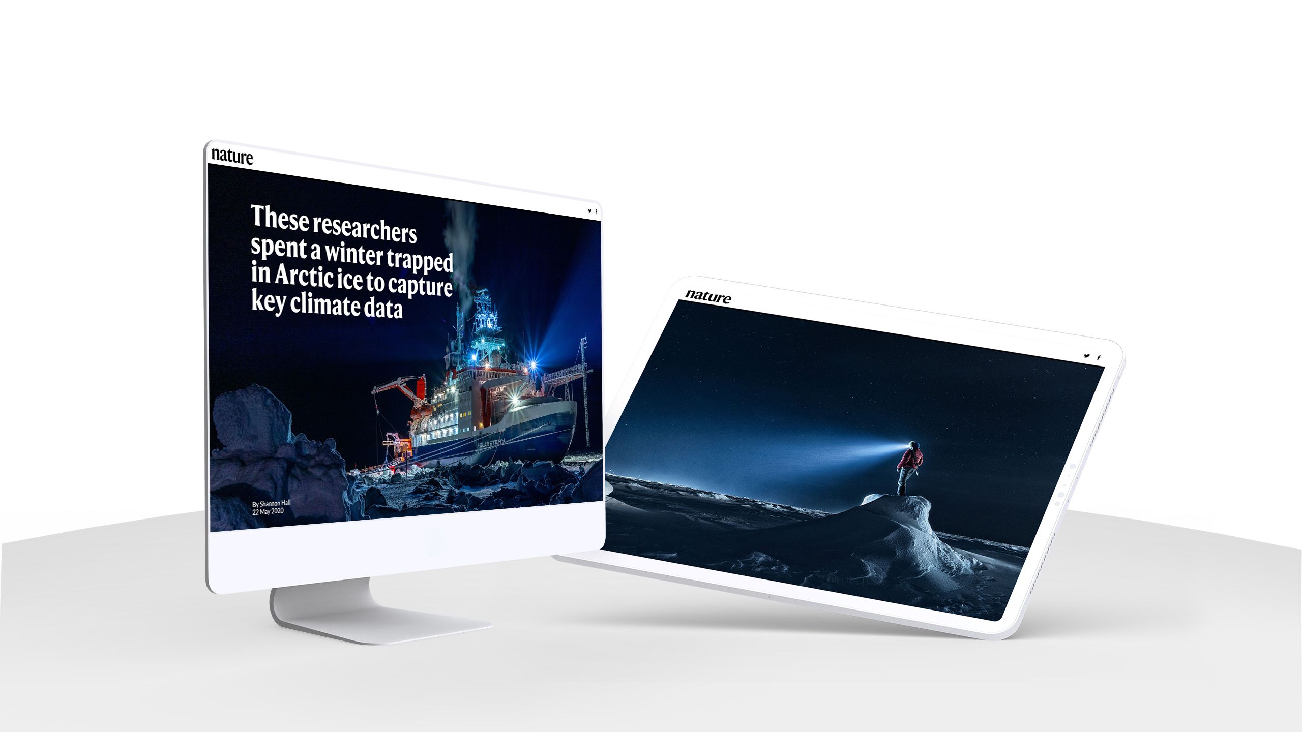 Monitor, tablet, and phone displaying screenshots from scientific expeditions to the arctic.