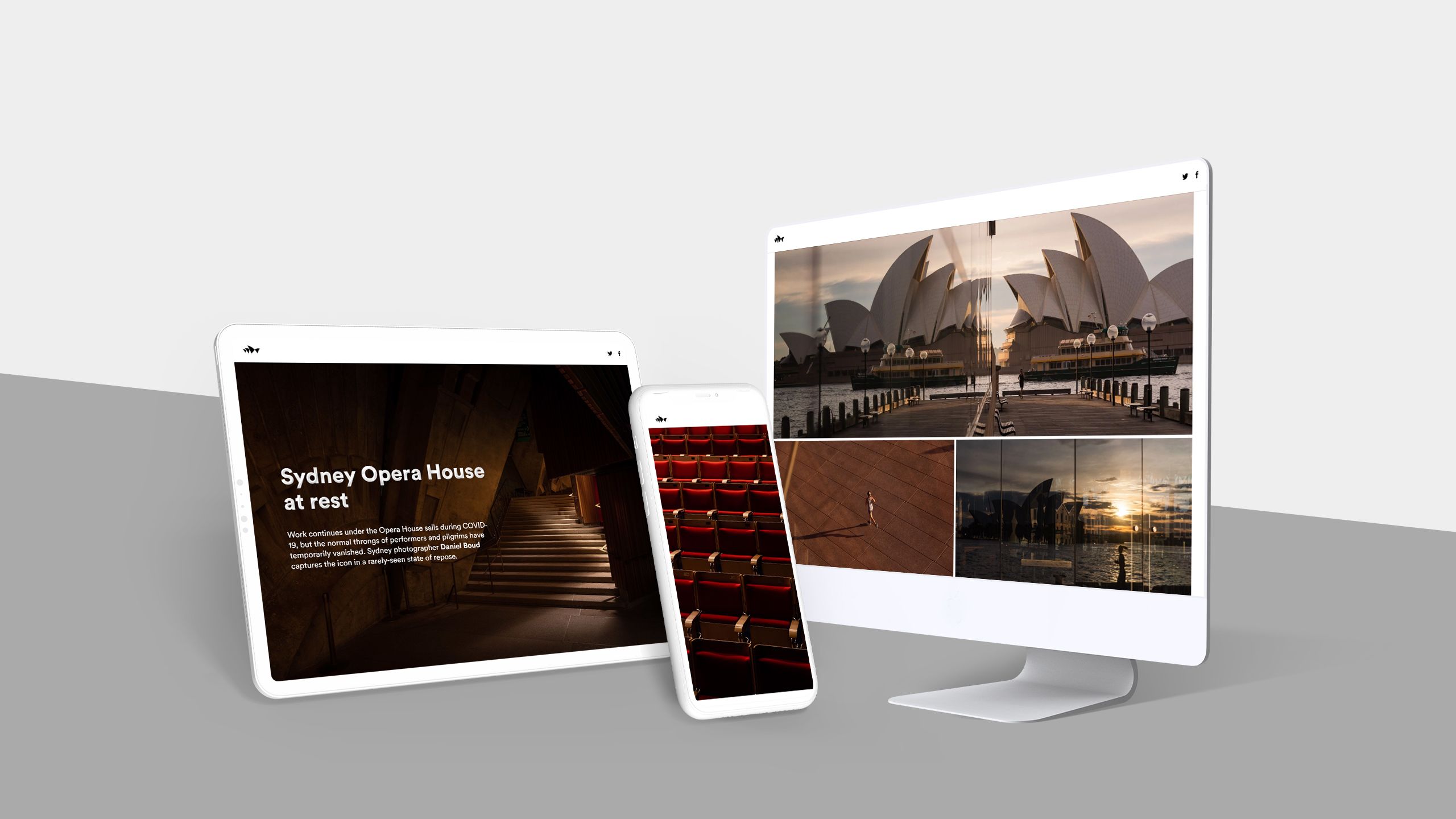 Monitor, tablet, and phone displaying screenshots from Sydney Opera House story.