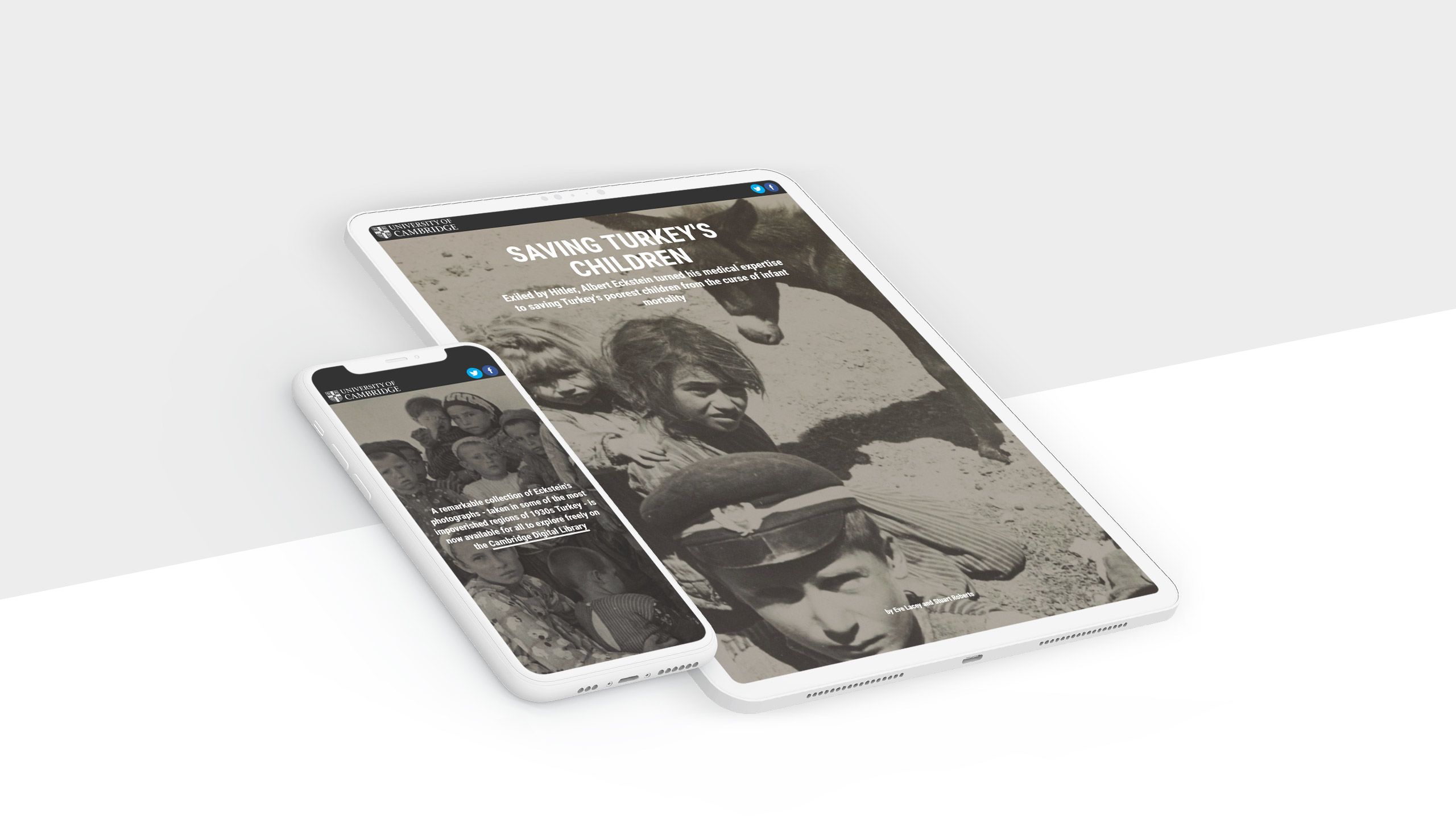 Monitor, tablet, and phone displaying screenshots from Cambridge University story.