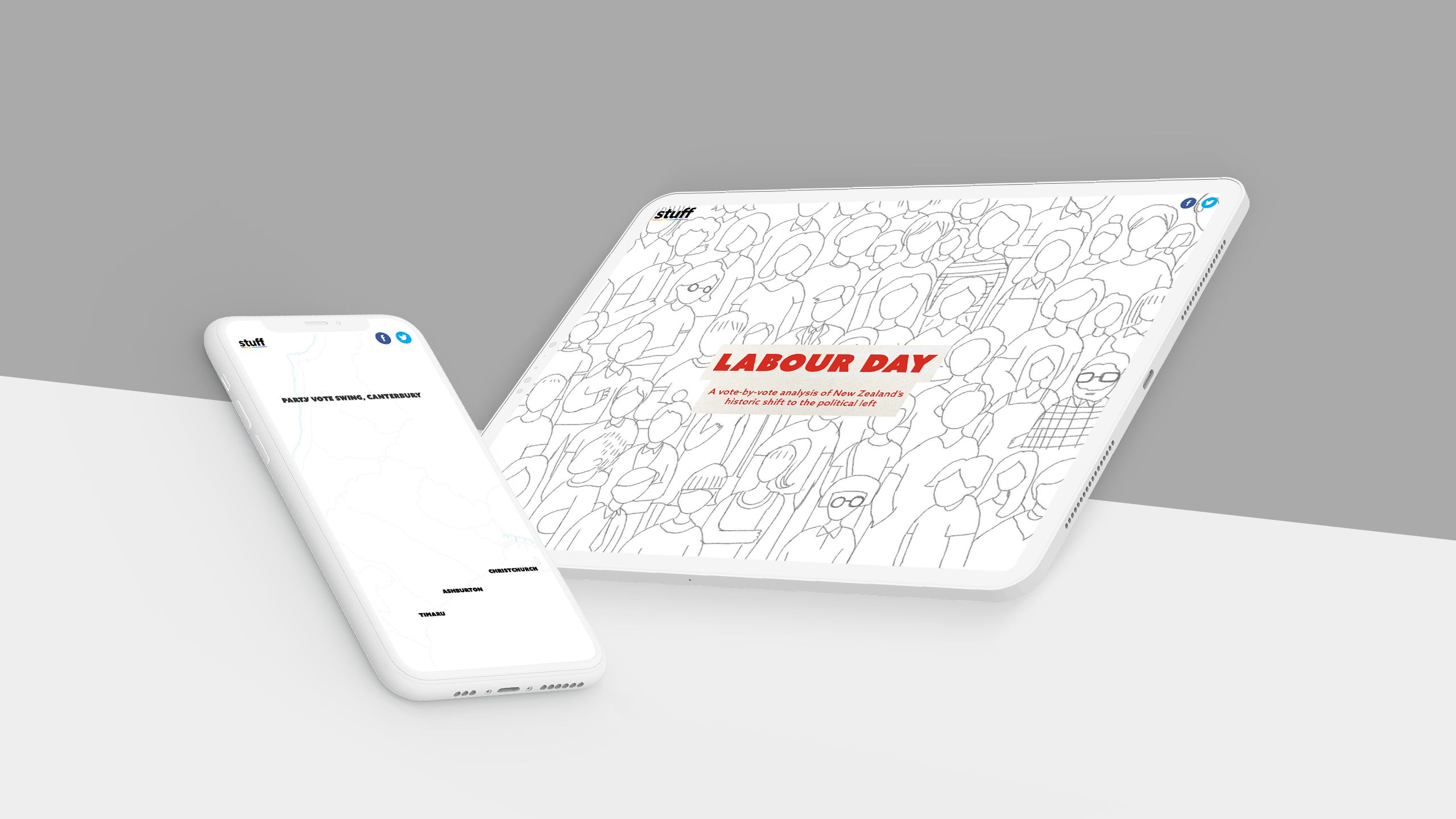 Monitor, tablet, and phone displaying screenshots from Stuff's NZ election story.