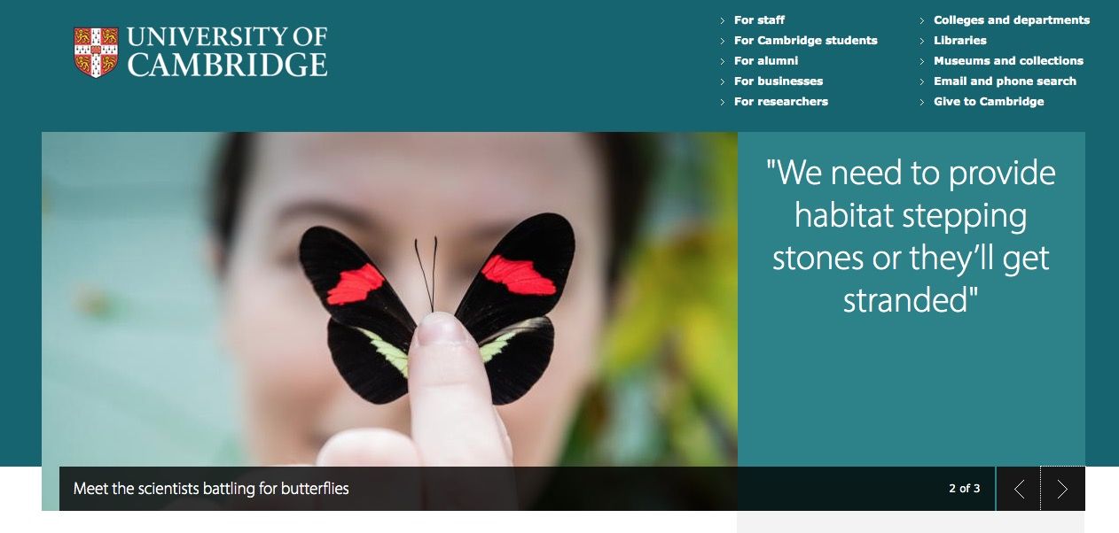 Carousel feature on University of Cambridge's homepage