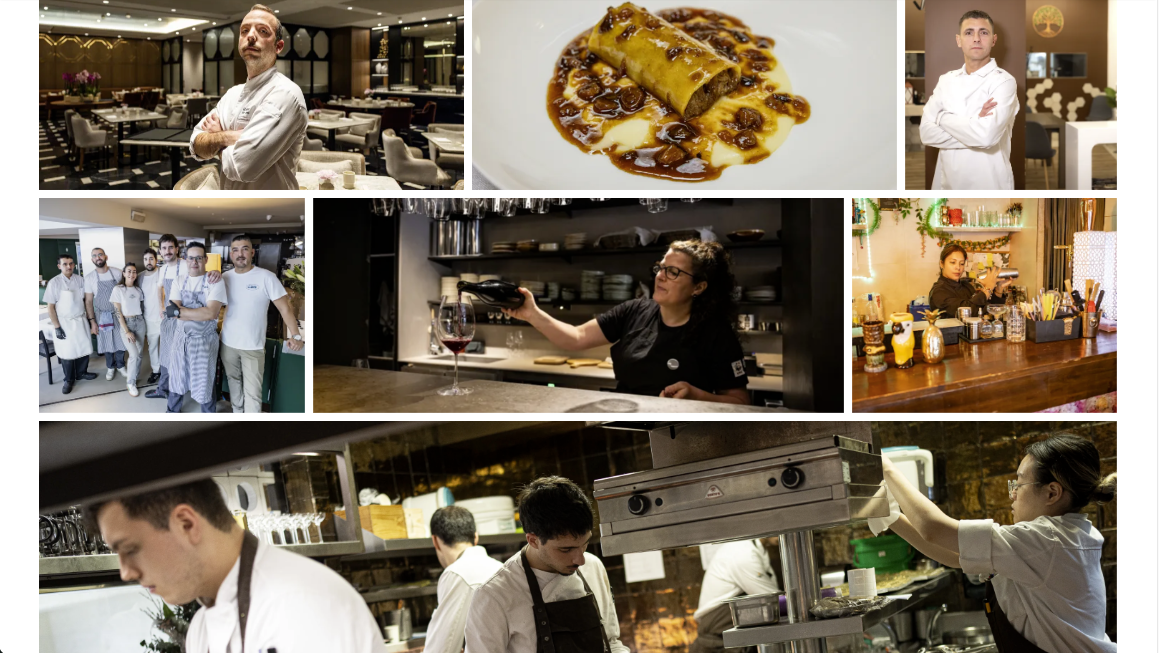Seven images of chefs at work preparing food in kitchens.