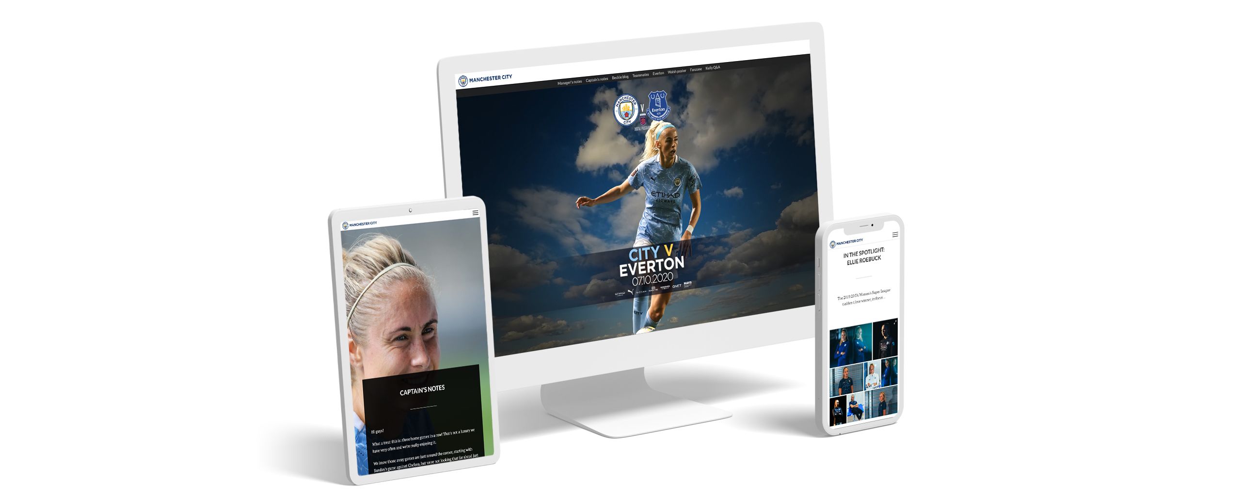 Various screenshots from match day programme for Manchester City, presented on several devices.