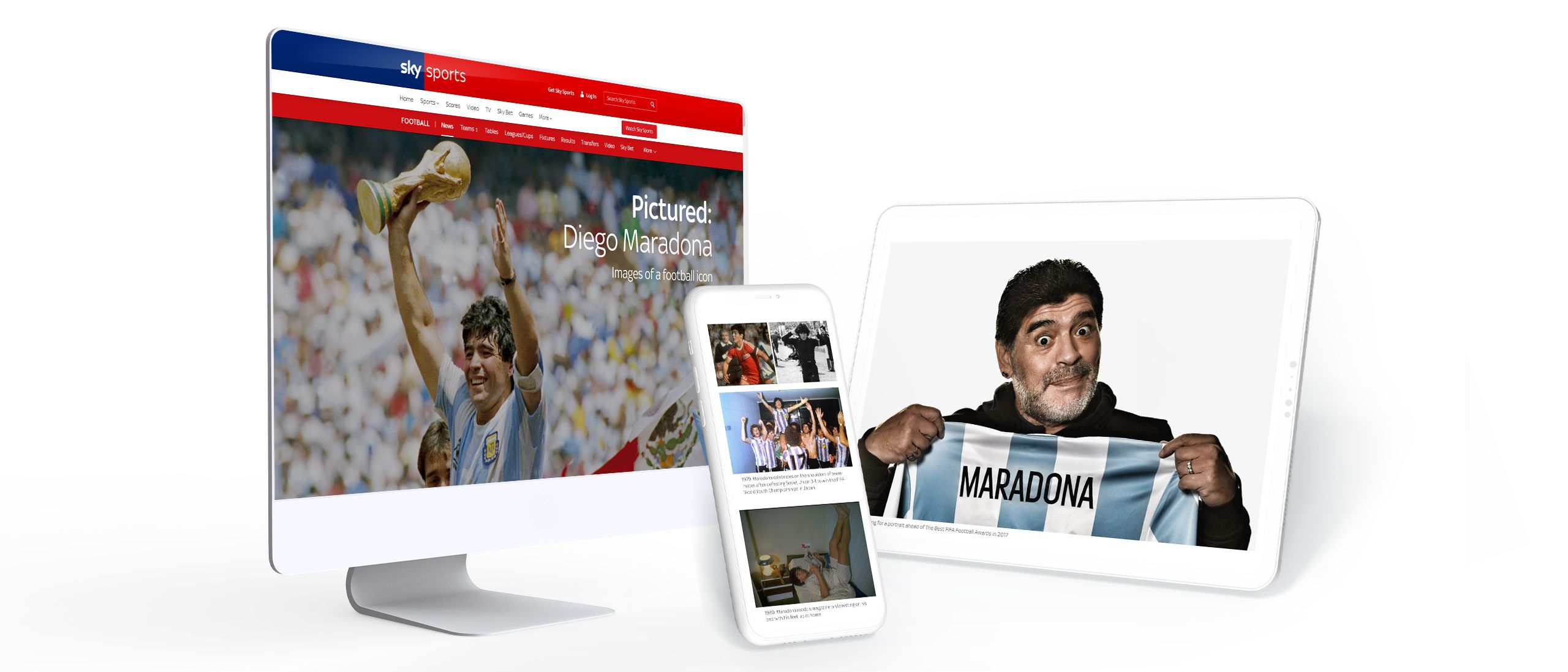 Various images of Diego Maradona from a Sky Sports story