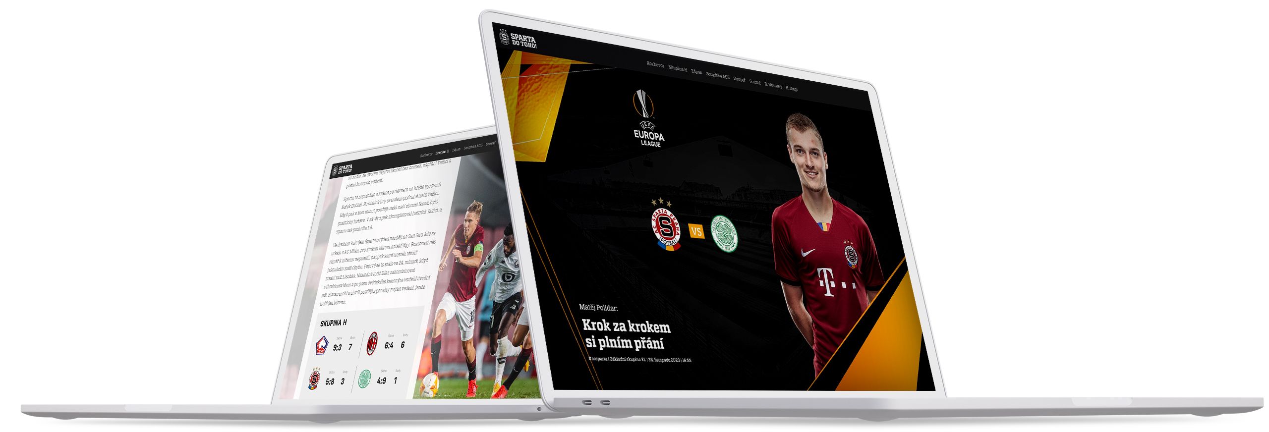 Screenshots from Sparta Prague match day programme, presented on two laptops sitting next to each other.
