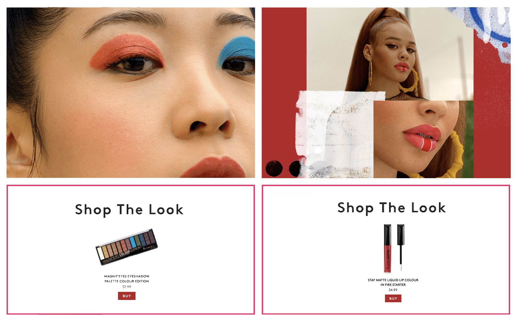 Refinery29's magazine-style spread for RIMMEL featuring shoppable makeup looks.