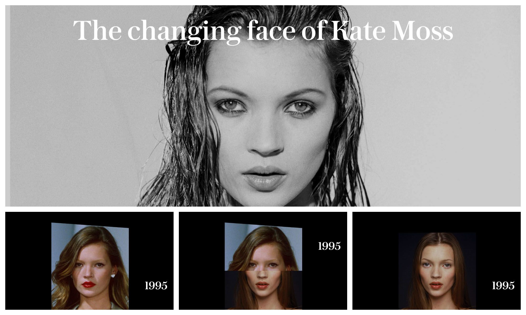 The Telegraph's feature on Kate Moss uses a reveal effect to show how her look has changed over time.
