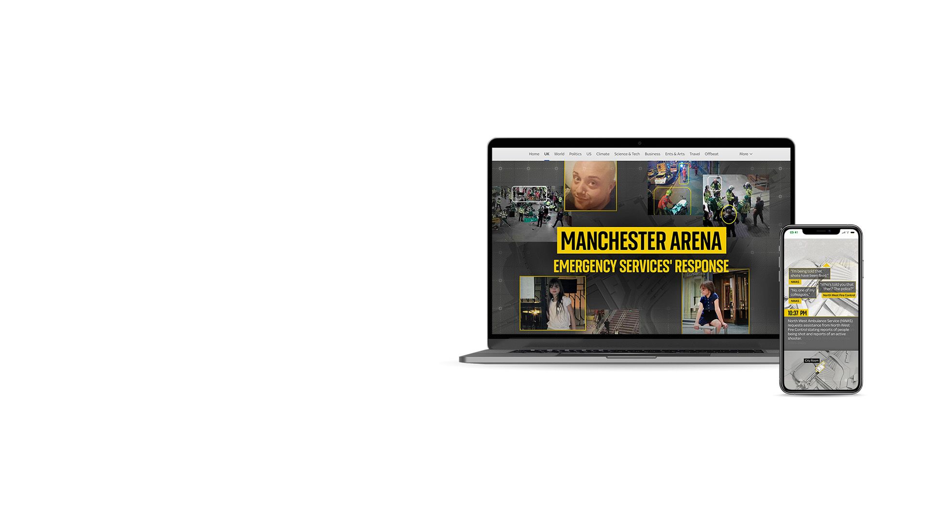 A laptop and a smartphone showing a news features by Sky News.