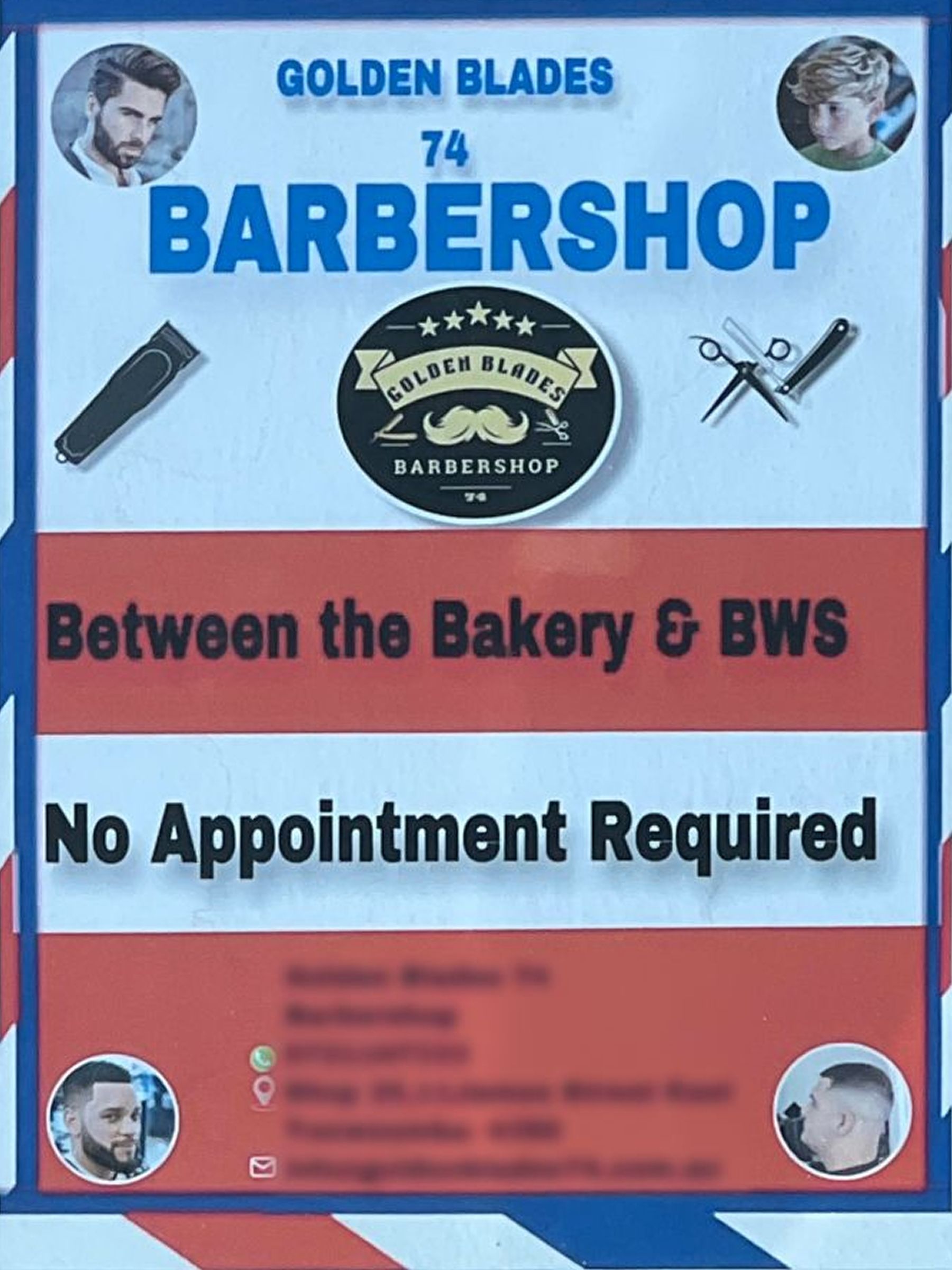 barber shop poster with a number of different lines of text, images, and photos, in an untidy fashion.