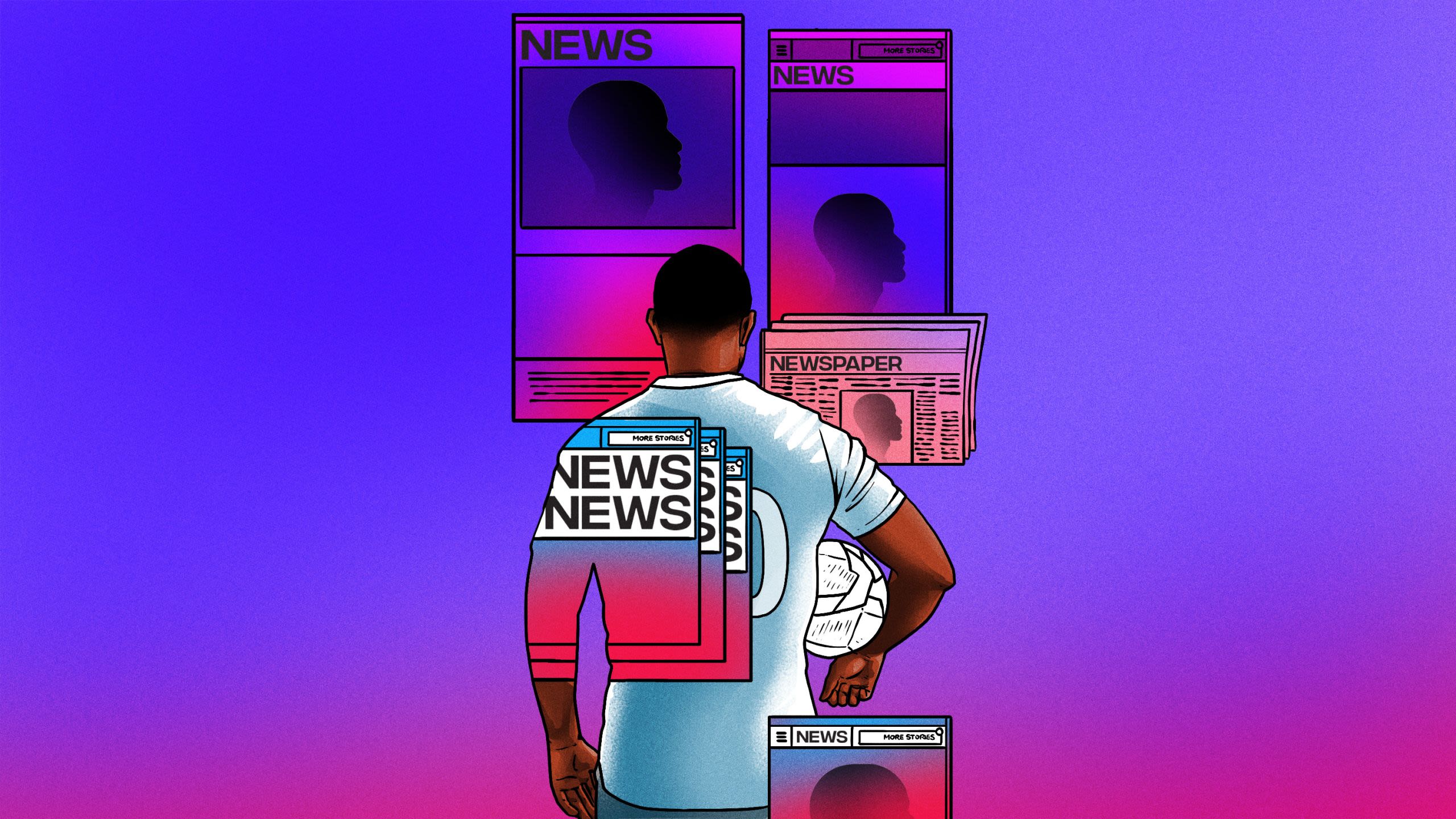 Illustration of Raheem Sterling from behind holding football surrounded by news headlines