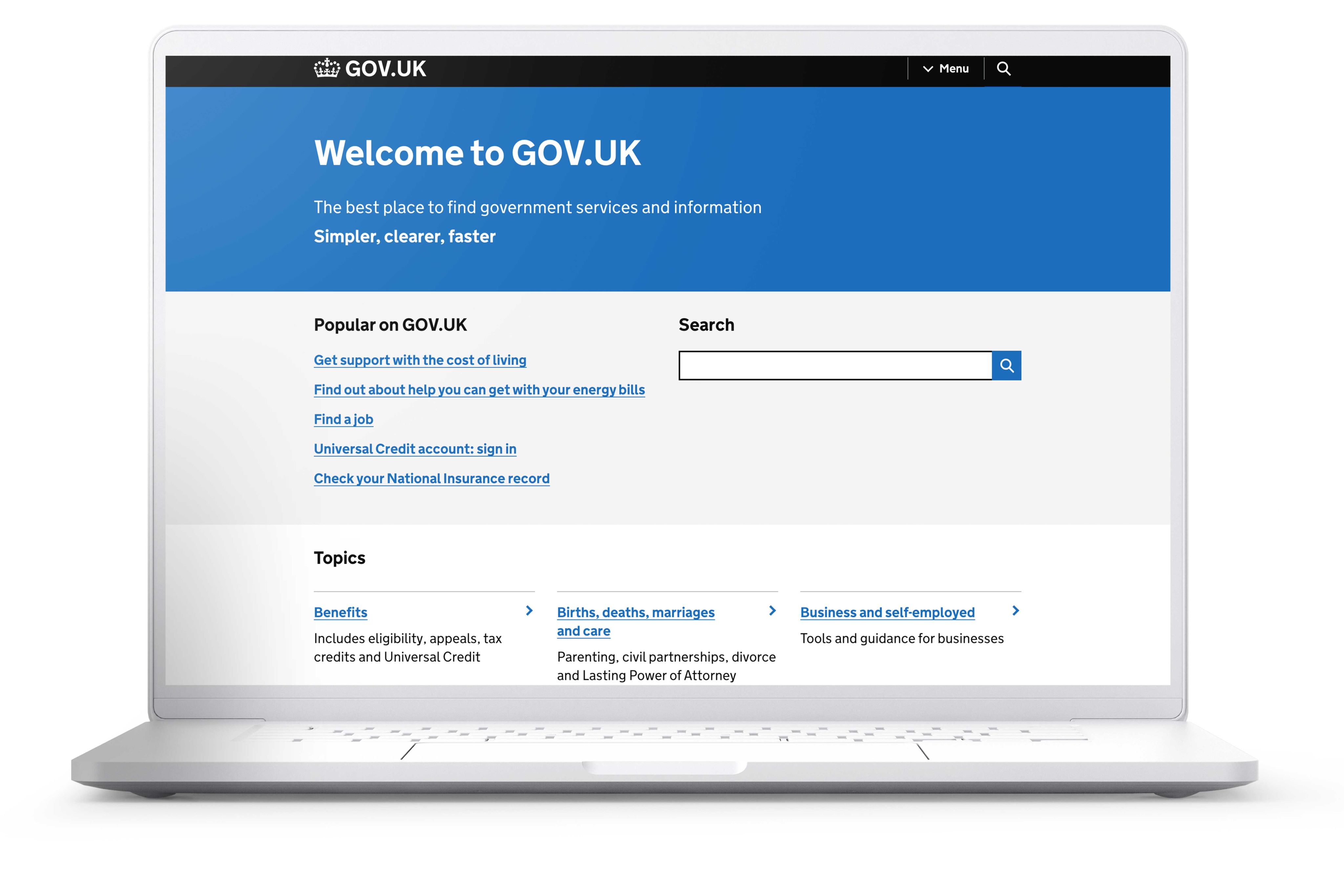 A laptop screen showing the homepage of the GOV.UK website.