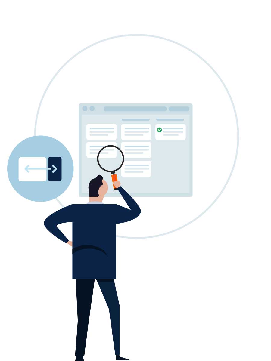Part one of an Illustration of icons depicting content accessibility guidelines in a circle around a website. The first icon represents ensuring web designs are scalable across various screen sizes.