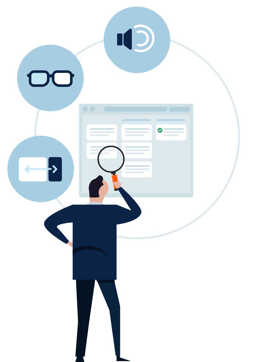 Part three of an illustration of icons depicting content accessibility guidelines in a circle around a website. The first icon represents ensuring web designs are scalable across various screen sizes. The second icon represents ensuring you have designed for people with visual impairments. The third icon represents audio and closed caption considerations.